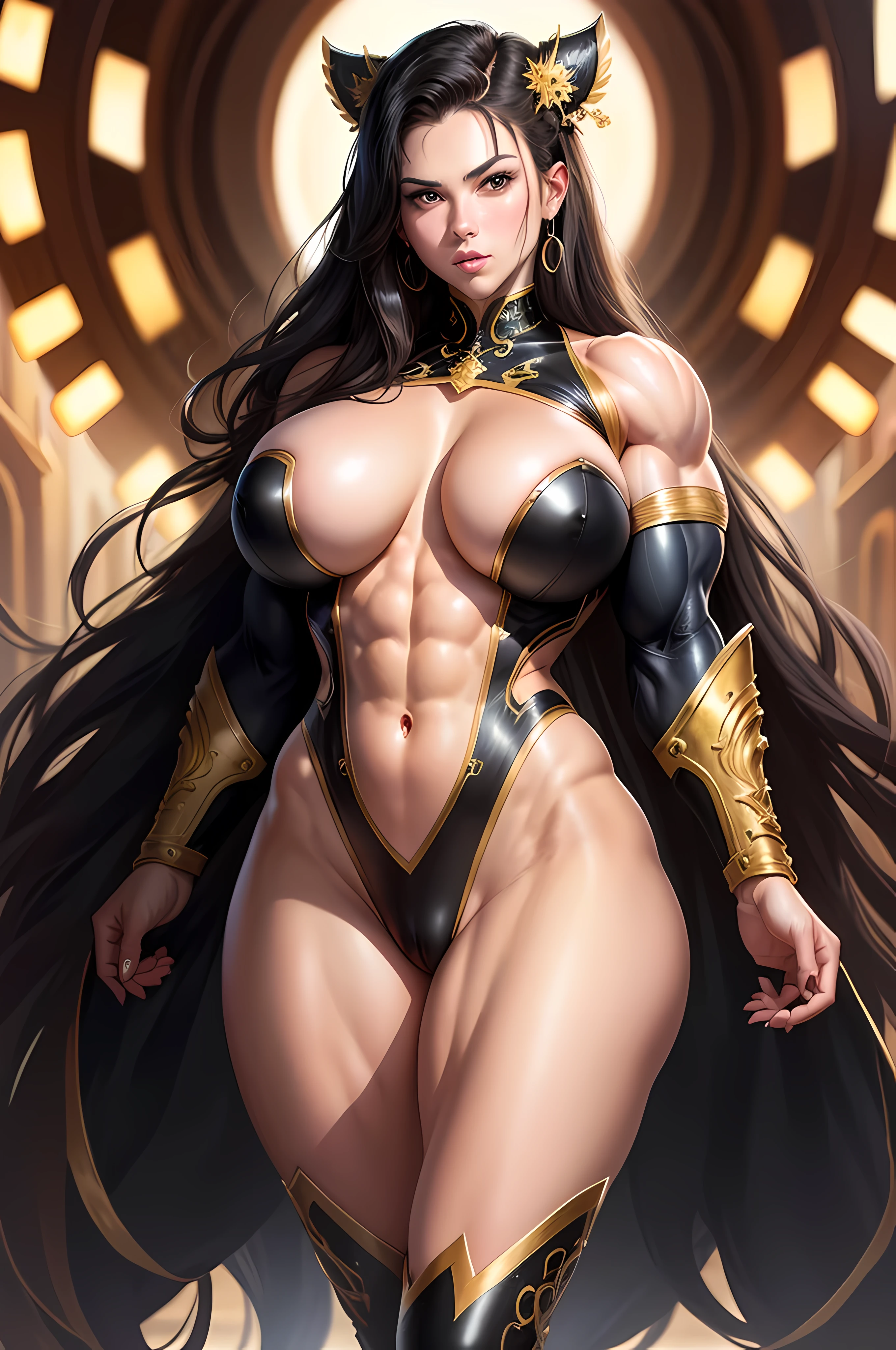 stunningly beautiful huge muscular Katheryn Winnick face with Lisa Ann body, 20yo, (1girl), (mons pubis:1), as a pure white and very cute woman, black rubber suit, (gold filigree:1), White long wavy hair, sparkling gold big eyes, abs, great proportions, full body shot, background kaleidoscope, anime, illustration, fantasy, portrait, animification, high resolution, best quality, very high image quality, ultra detailed, hyper realistic, photorealistic, (big breasts:1), (nearly naked:1), (cameltoe:1), (((huge muscles)))
