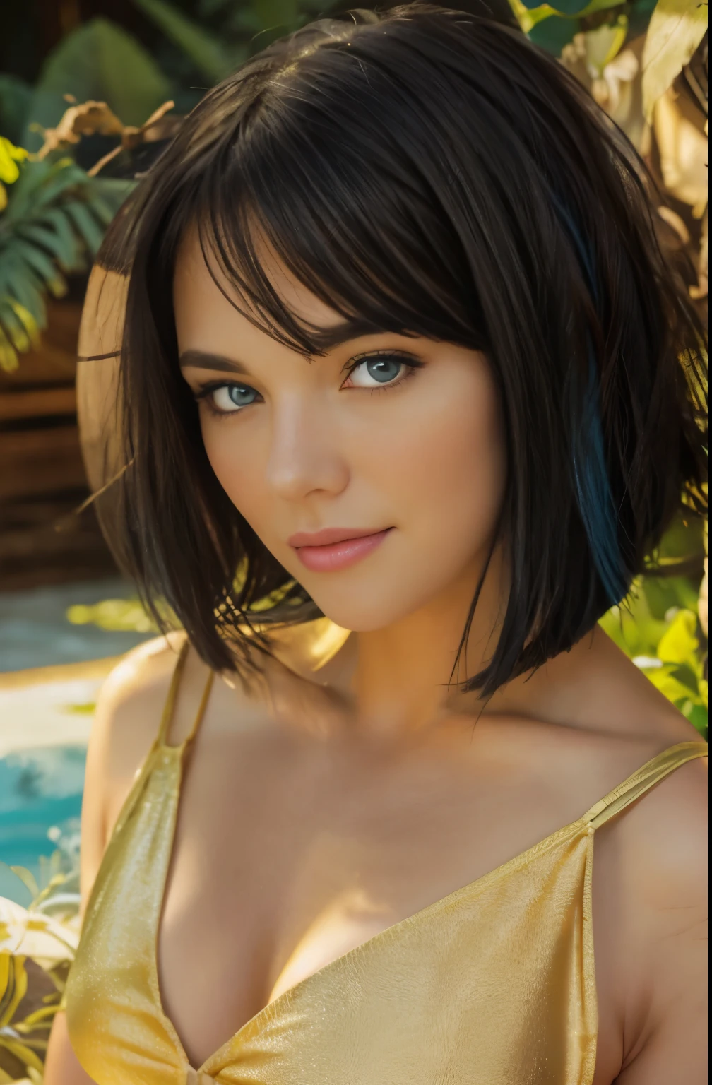 beautiful 30-year-old girl with  bob cut black hair and blue eyes. She should have a natural, approachable expression and be illuminated by soft, golden-hour sunlight. The background should be a beach. Capture this image with a high-resolution photograph using an 85mm lens for a flattering perspective. posing sexy, in swimmers