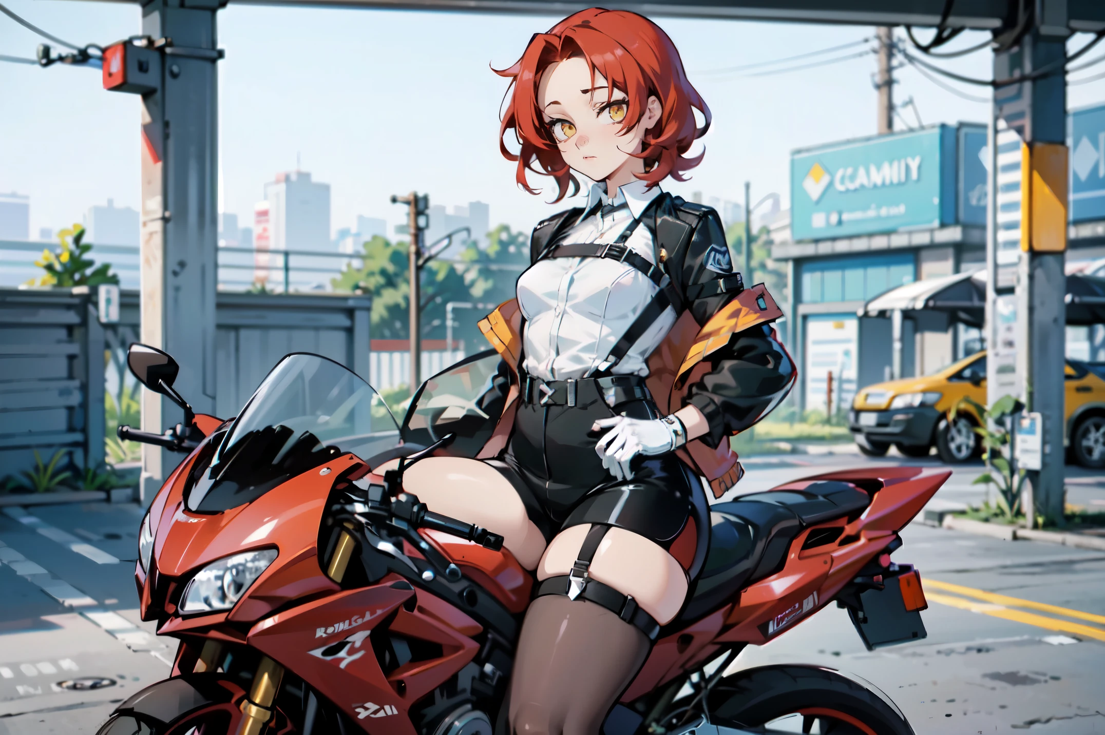 1girl, young woman, solo, short hair, Small hair, (forehead:1.2), yellow eyes, sharp ocular posture, (scarlet red hair), Athletic, muscular, medium breasts, (cropped jacket, black jacket), white shirt, collared shirt, (chest harness, shoulder strap:1.15), black leather shorts, pantyhose 7/8, garter belt, gloves, elegant, looking at viewer, sitting on a Motorcycle in a garage, super Realistic bike, sitting on the side, masterpiece, best quality, 4k