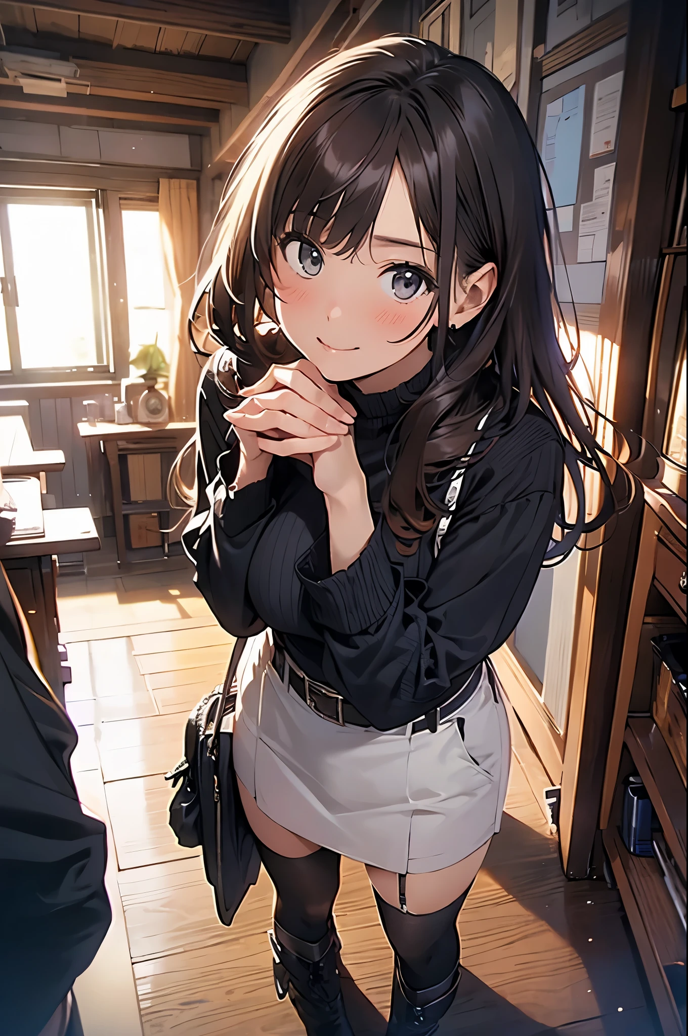 Brown hair、watching at viewers black suspenders Bulging big breasts walls: Black miniskirt garters Gaze Small face bangss holster Beautuful Women hands up レッグholster ベッドに横たわる Gaze black boots panty shot provocation flank flank汗 soio arm inside of a car Fold your hands behind your back a belt