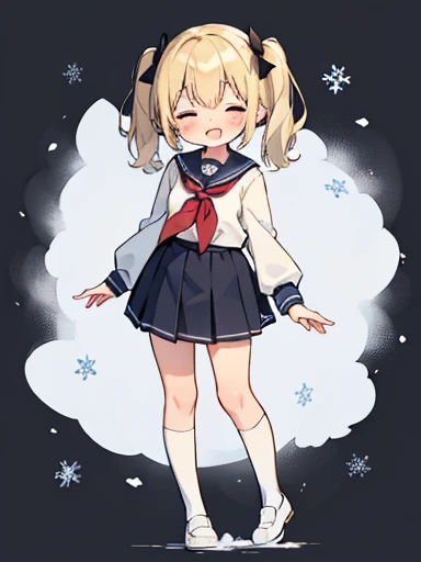 girl, ((****)), kawaii, medium hair, twintails, light blush, black eyes, (small breast), blonde hair, (white school uniform),Close your eyes big smile, ((snow)), full body