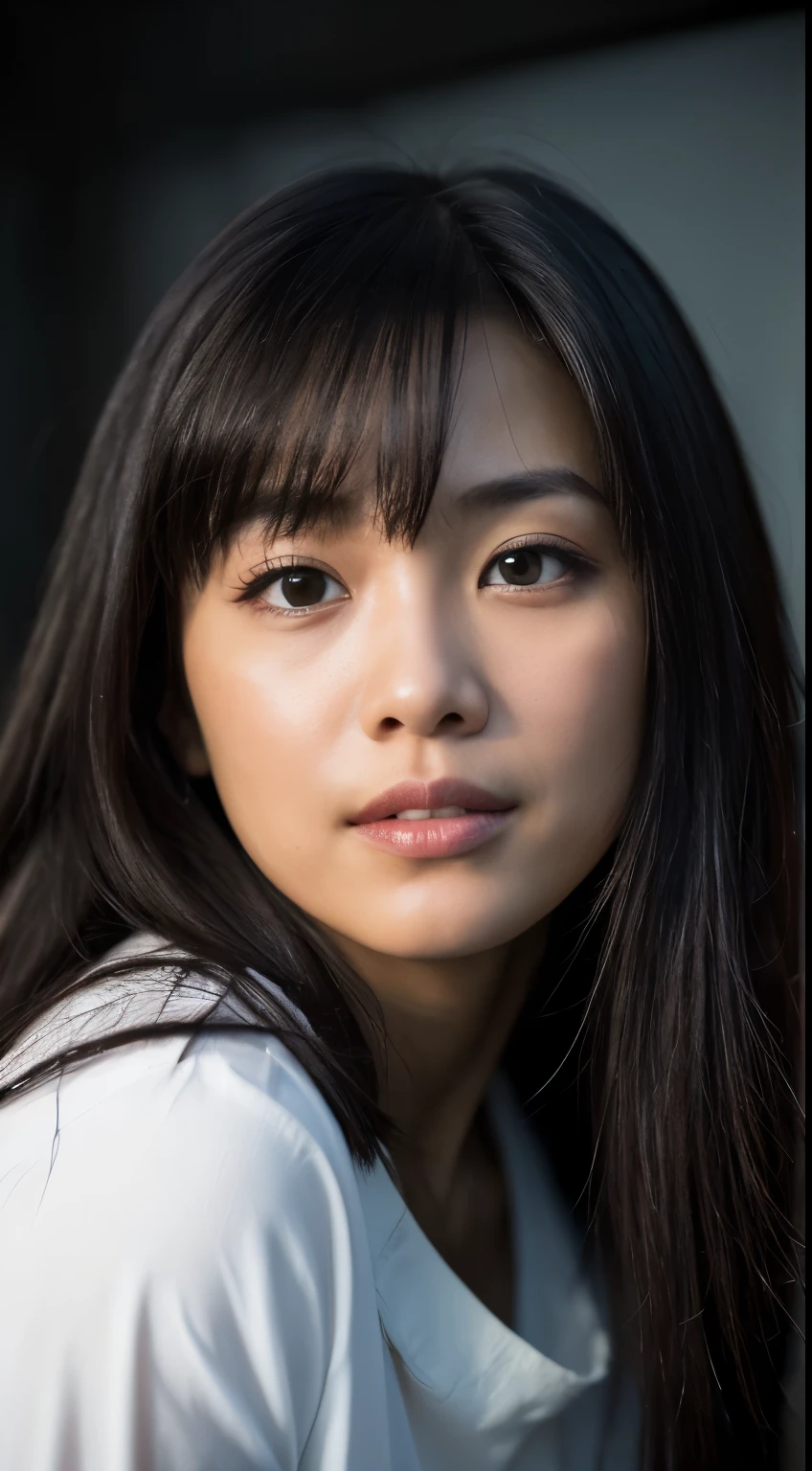 highest quality, epic realistic, ((in the pitch black darkness :1.4)), ((portrait:1.5)),(background: dark ) high contrast ,glorious picture, lowest lux, lighting face, she's comfortable, wearing nothing, , looks incredible, (8k, Raw photo, Highest quality),(epic realistic:1.5), a woman, face,(detailed eyes:0.8),(looking at the camera:1.4), (Highest quality), ( high contrast, deep shadows),Intricate details,cinematic,((skin:1.4)), (long dark hair:1.3), long hair, messy ,(Hdr:1.5),Detailed, colors, Superior quality, Masterpiece, Raw Photo (20-year-old, looking at viewer), beautiful, (wearing plain yellow shirt,), perfect, natural, perfect composition, portrait, perfect face, smiling expression, Captivating eyes, Bright details, Tight lips, (High Skin Detail),, (blue tint: 0.6), (sale: 0.8), (bloody: 0.7), Key lighting , (backlight: 0.5), Medium depth of field, Canon 5d, 50mm lens, f/4 apertures, (Ultra-detailed, Complex detail), sharp focus, soft colors, 8k, Absurd, 80mm, dark background, photography, smiling, pinay, filipina, medium boobs,