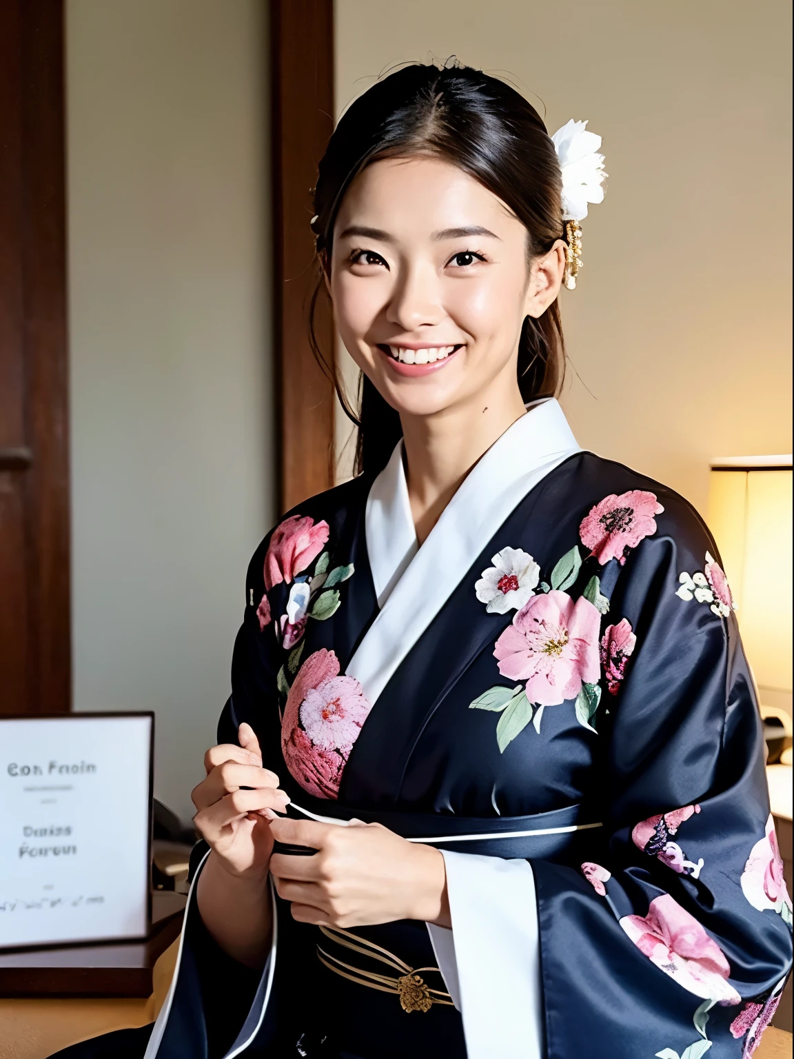 (Photorealsitic:1.4), (Top image quality:1.0), (超hight resolution:1.0), 8K, Raw photography, (​masterpiece:0.2), (pureerosface_v1:0.5)、(Best Quality Detail:1.2)、realisitic、8K UHD、hight resolution、(1girl in:1.2)、The ultra-detailliert、High quality textures、intricate detailes、detaileds、非常detailedsなCG、High quality shadows、Detail Beautiful delicate face、Detail Beautiful delicate eyes、depth of fields、Ray traching,1girl in, japanaese girl, Cute, slender, Black kimono, Kimono with Japanese pattern,Floral scrunchie, Beautiful skin, Facing the front,Sit down, Sit upright and say thank you,Align your hands elegantly,Smile faintly The Land of Japan,Japanese garden,Luxury Japanese-style room, skyporn, Magic Hour, (Realistic:1.3), 細かくdetailedsなプッシー, quality, (masutepiece:1.2), (Photorealsiticです:1.2), (Best Quality), (Intricate details), Dramatic, Ray tracing, photograph, +Lola