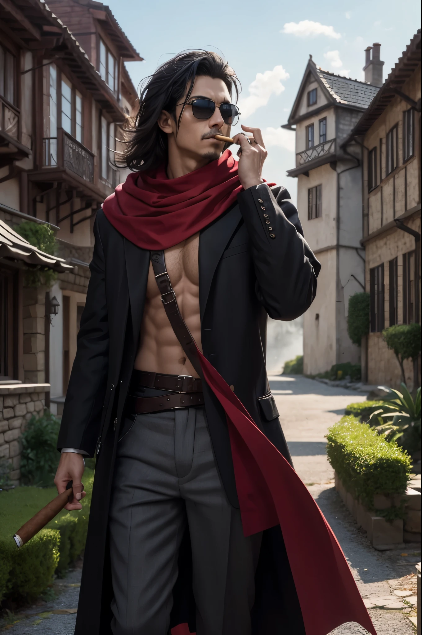 8K,masutepiece, Black hedgehog, mafia boss costume,Chew a cigar,red stole around the neck,matrix style, Black coat, Sunglasses, Cool pose, Best Quality, big scar on cheek,Super precise big scar on the face,超A high resolution,A hyper-realistic,Fantasyart,character art,smoke rising from a cigar,direct one&#39;s gaze toward the viewer,In front of a mansion in medieval Europe,precision hedgehog hair,