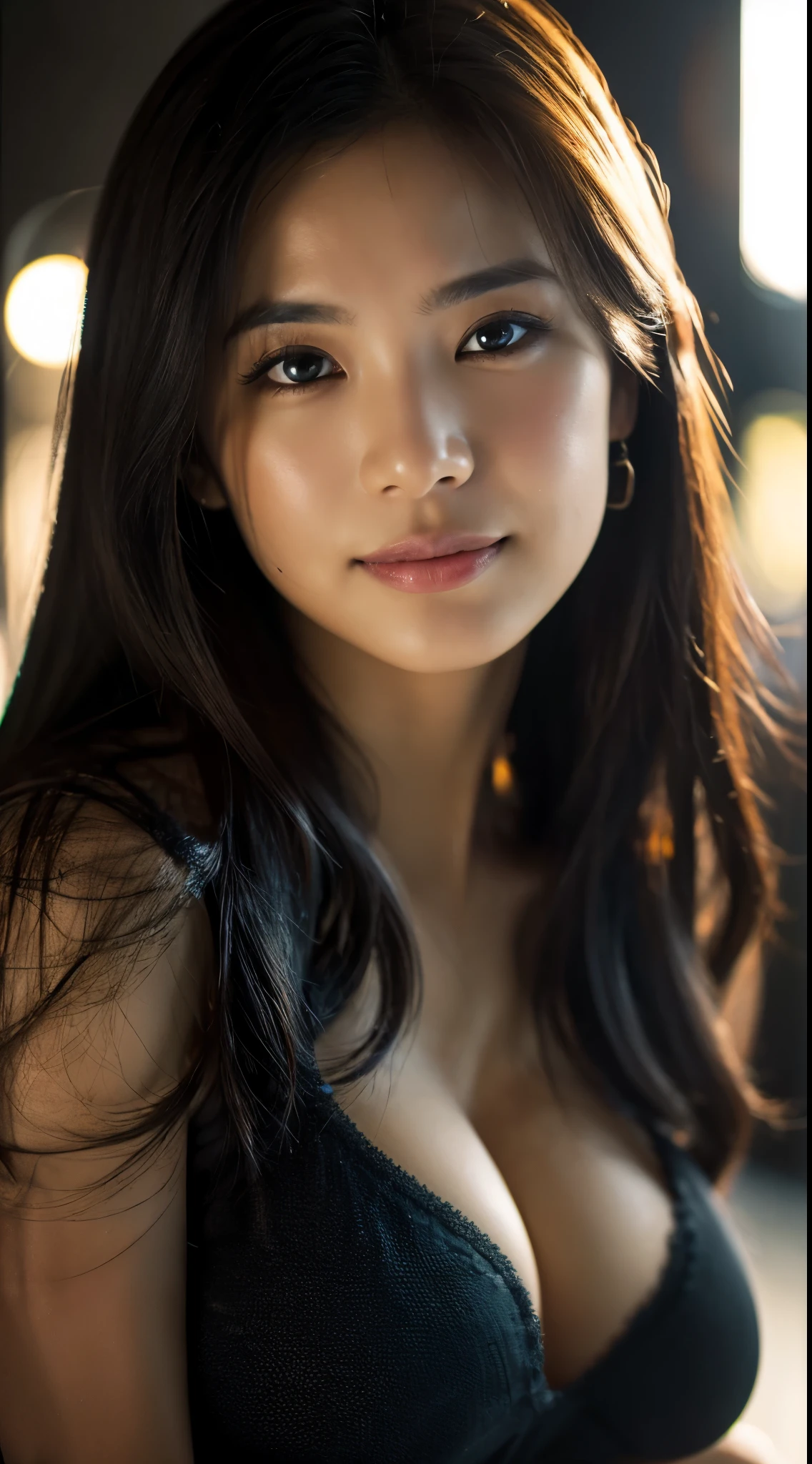 highest quality, epic realistic, ((in the pitch black darkness :1.4)), ((portrait:1.5)),(background: dark ) high contrast ,glorious picture, lowest lux, lighting face, she's comfortable, wearing nothing,  , looks incredible, (8k, Raw photo, Highest quality),(epic realistic:1.5), a woman, face,(detailed eyes:0.8),(looking at the camera:1.4), (Highest quality), ( high contrast, deep shadows),Intricate details,cinematic,((skin:1.4)), (long dark hair:1.3), long hair, messy ,(Hdr:1.5),Detailed, colors, Superior quality, Masterpiece, Raw Photo (20-year-old, looking at viewer), beautiful, (wearing plain yellow shirt,), perfect, natural, perfect composition, portrait, perfect face, smiling expression, Captivating eyes, Bright details, Tight lips, (High Skin Detail),, (blue tint: 0.6), (sale: 0.8), (bloody: 0.7), Key lighting , (backlight: 0.5), Medium depth of field, Canon 5d, 50mm lens, f/4 apertures, (Ultra-detailed, Complex detail), sharp focus, soft colors, 8k, Absurd, 80mm, bokeh background, photography, smiling, pinay, filipina, large boobs, neon lights background, bokeh