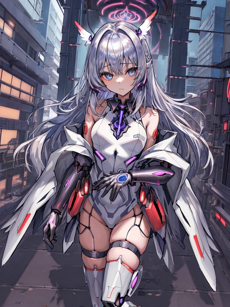 top-quality、ighly detailed、​masterpiece、ultra-detailliert、illustratio、((1girl in))、silber hair、length hair、Floating hair、、Cyber City、Neon building、(The upper part of the body:1.05)、extremely_Detailed_Eyes_And_Face,cybernetic wings mechanical wings、Random posture、Skyscraper、、Mechumusume、shrine maiden clothe,maid clothes、Random angles、anime styled,cowboy  shot