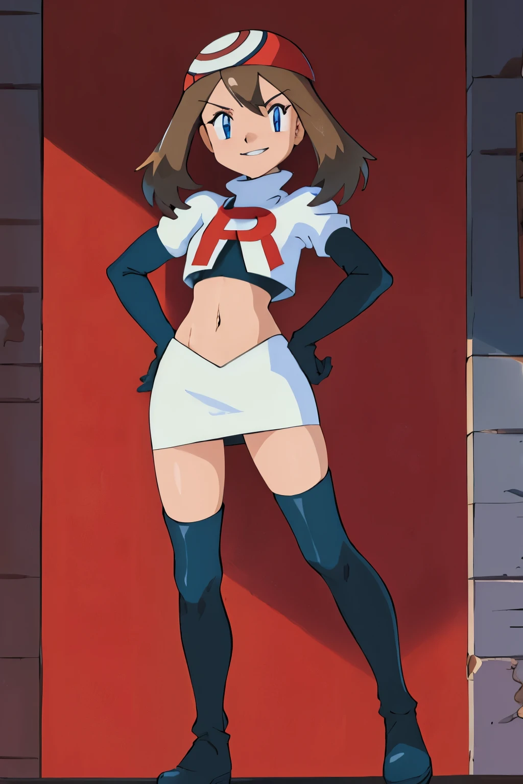 masterpiece, best quality, highres, outdoors, 1girl, solo, may (pokemon),  glossy lips ,team rocket uniform, red letter R, white skirt,white crop top,black thigh-high boots, black elbow gloves, evil smile, looking at viewer, cowboy shot