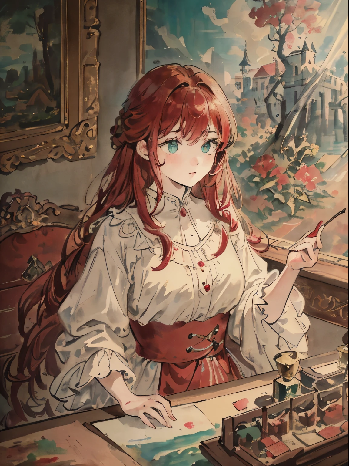 masterpiece, best quality, an extremely delicate and beautiful girl,an extremely delicate and beautiful, world masterpiece theater, ultra-detailed, highly detailed, best quality, red hair, highres, extremely detailed,1girl, best quality, illustration, looking at viewer, impasto, canvas, oil painting, realistic, realist ,real, Green eyes, In castle