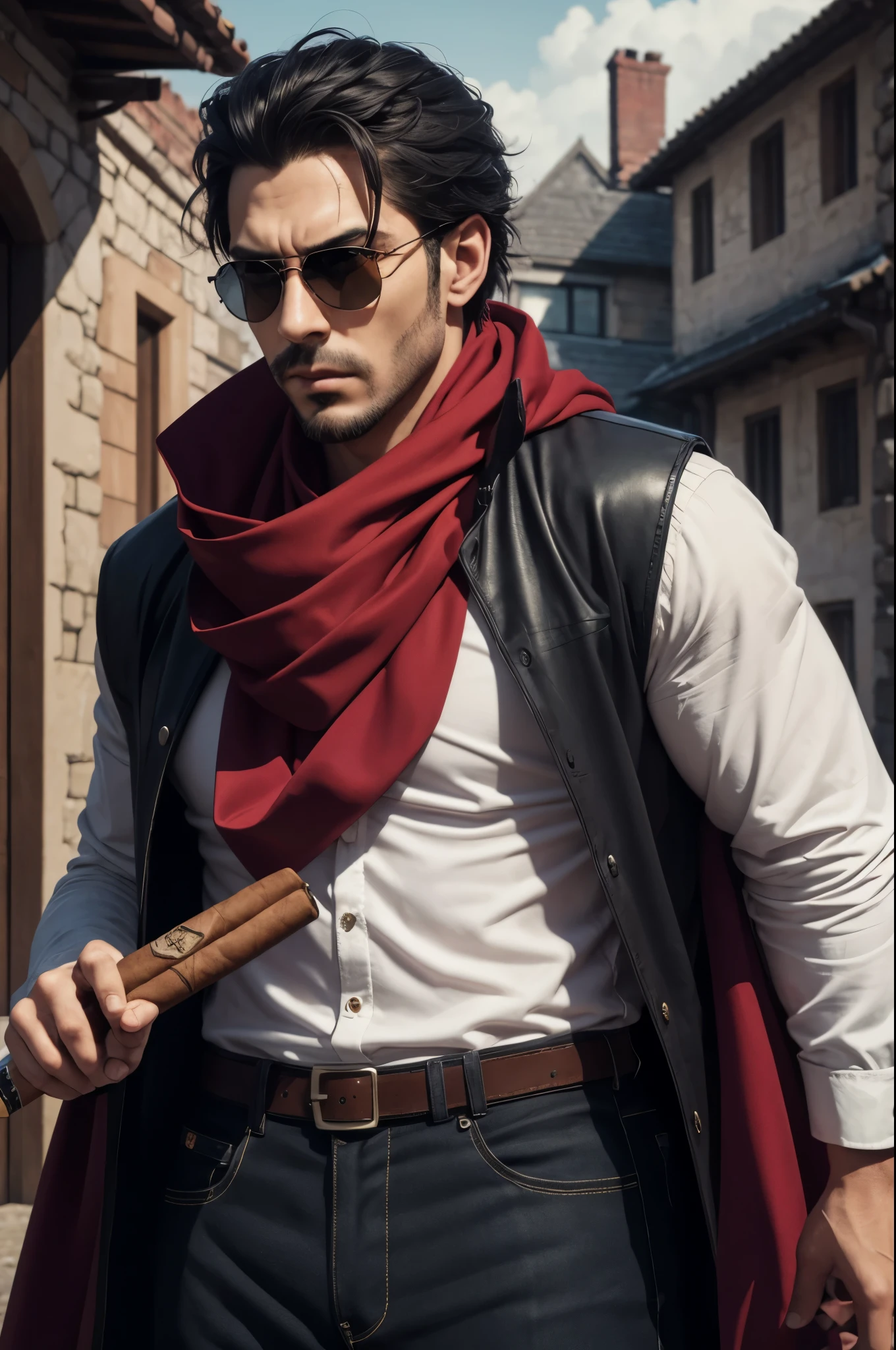8K,masutepiece, Black hedgehog, mafia boss costume,Chew a cigar,red stole around the neck,matrix style, Black coat, Sunglasses, Cool pose, Best Quality, big scar on cheek,Super precise big scar on the face,超A high resolution,A hyper-realistic,Fantasyart,character art,smoke rising from a cigar,direct one's gaze toward the viewer,In front of a mansion in medieval Europe,precision hedgehog hair,