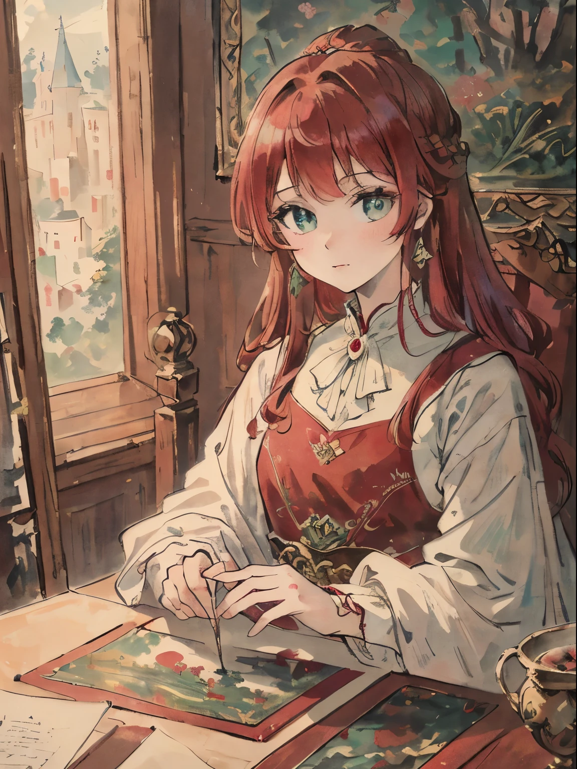 masterpiece, best quality, an extremely delicate and beautiful girl,an extremely delicate and beautiful, world masterpiece theater, ultra-detailed, highly detailed, best quality, red hair, highres, extremely detailed,1girl, best quality, illustration, looking at viewer, impasto, canvas, oil painting, realistic, realist ,real, Green eyes, In castle