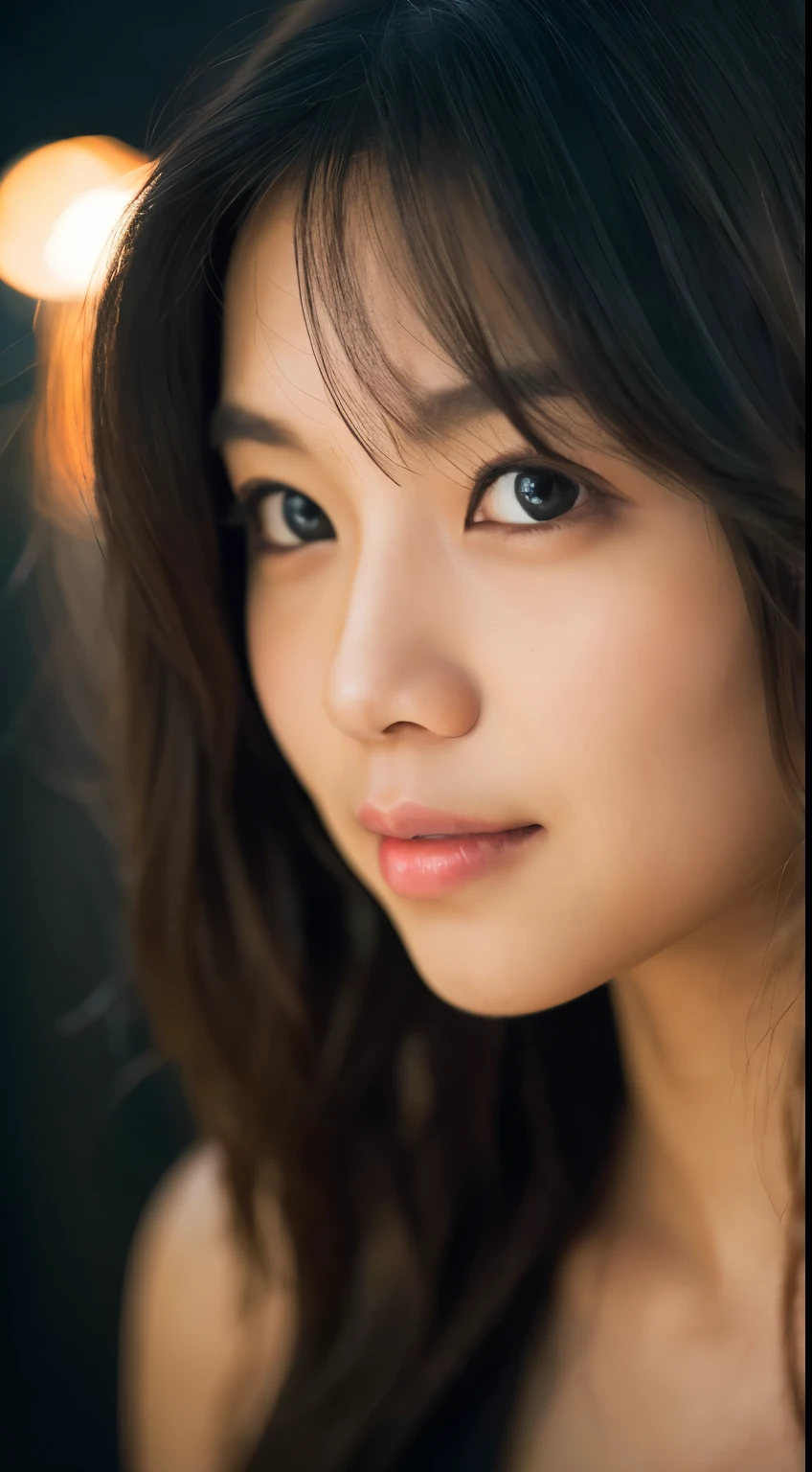 highest quality, epic realistic, ((in the pitch black darkness :1.4)), ((portrait:1.5)),(background: dark ) high contrast ,glorious picture, lowest lux, lighting face, she's comfortable, wearing nothing,  , looks incredible, (8k, Raw photo, Highest quality),(epic realistic:1.5), a woman, face,(detailed eyes:0.8),(looking at the camera:1.4), (Highest quality), ( high contrast, deep shadows),Intricate details,cinematic,((skin:1.4)), (long dark hair:1.3), long hair, messy ,(Hdr:1.5),Detailed, colors, Superior quality, Masterpiece, Raw Photo (20-year-old, looking at viewer), beautiful, (wearing plain yellow shirt,), perfect, natural, perfect composition, portrait, perfect face, smiling expression, Captivating eyes, Bright details, Tight lips, (High Skin Detail),, (blue tint: 0.6), (sale: 0.8), (bloody: 0.7), Key lighting , (backlight: 0.5), Medium depth of field, Canon 5d, 50mm lens, f/4 apertures, (Ultra-detailed, Complex detail), sharp focus, soft colors, 8k, Absurd, 80mm, dark background, photography, smiling, pinay, filipina, medium boobs,