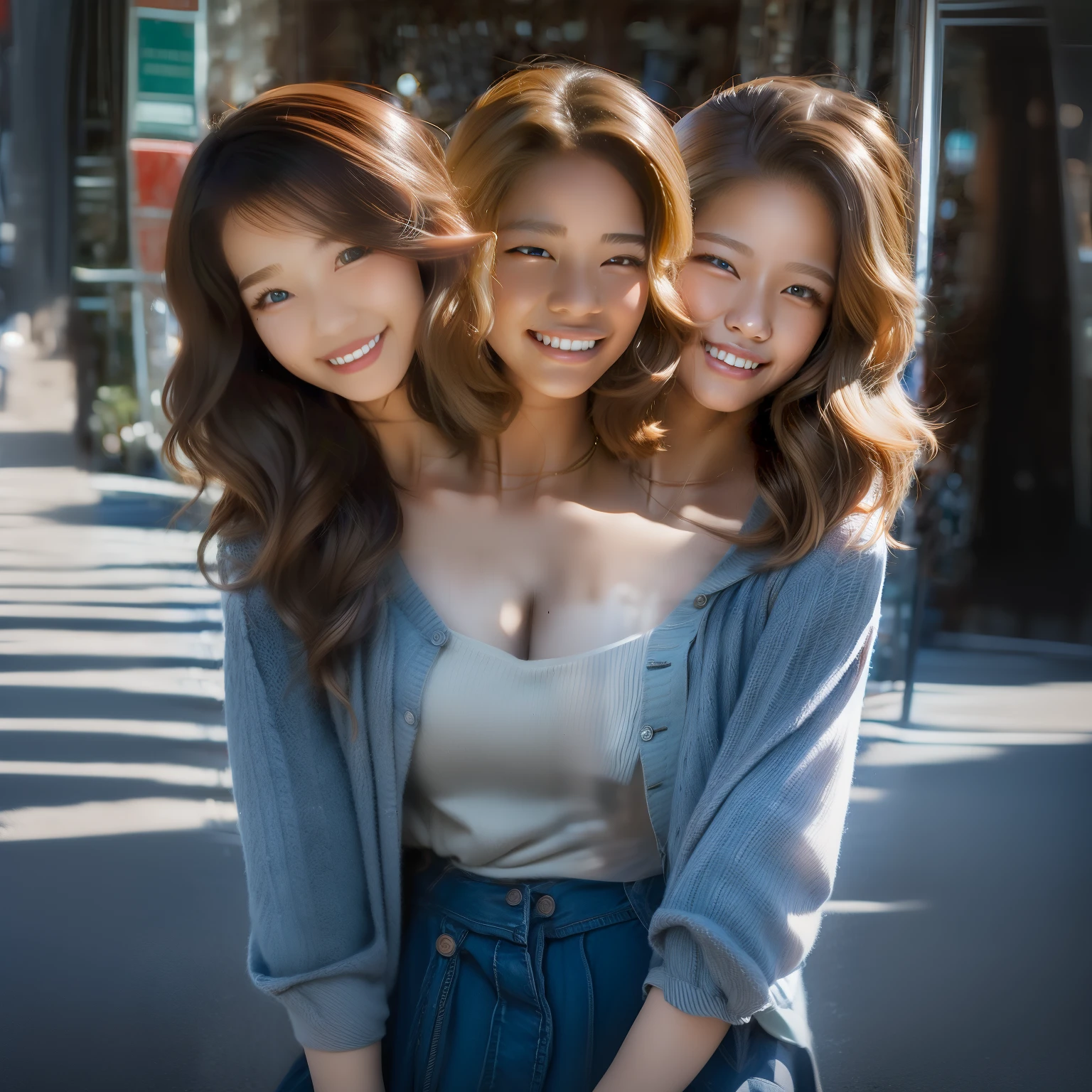 (2heads), 18 year old woman, Korean, rosy cheeks, detailed blue eyes, plaid shirt, jeans, wavy dirty light brown hair with highlights, blonde,thin lips, lip gloss, smiling,  bored, looking at viewer, looking into the horizon, crossing the street at a busy intersection in a city,,African American girlfriend by her side
