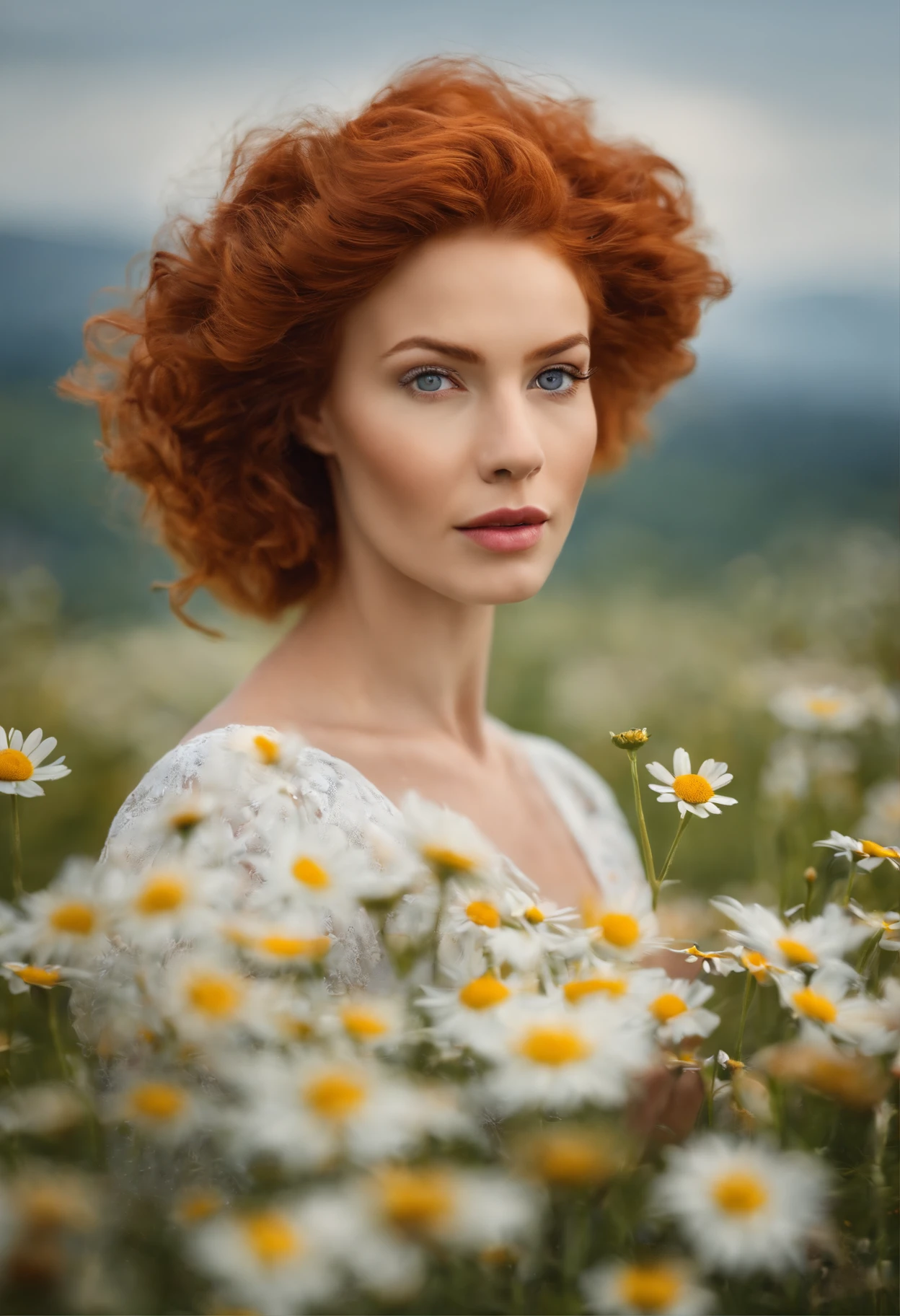 Red-haired woman in a field of daisies, In the field of flowers, In the field with flowers, girl Standing in a field of flowers, The woman, standing in a field of flowers, standing In the field with flowers, A girl in a flower field, A girl, standing on a flower field, Portrait of a girl in a flower field, Standing in a field of flowers, a goddess In the field of flowers