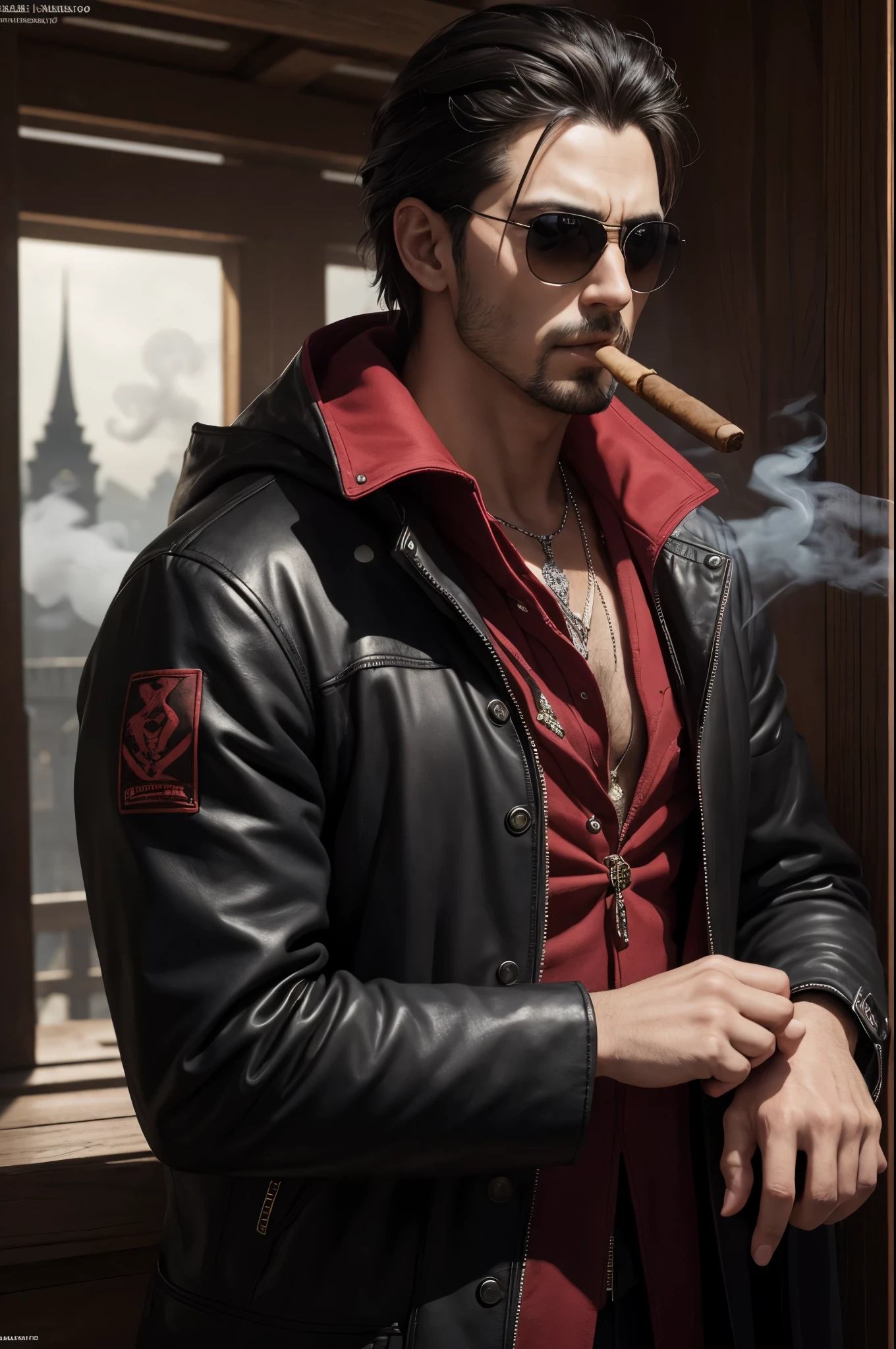 8K,Black hedgehog,masutepiece, Black hedgehog, mafia boss costume,Chew a cigar,red stole around the neck,matrix style, Black coat, Sunglasses, Cool pose, Best Quality, big scar on cheek,Super precise big scar on the face,超A high resolution,A hyper-realistic,Fantasyart,character art,smoke rising from a cigar,direct one's gaze toward the viewer,In front of a mansion in medieval Europe,precision hedgehog hair,