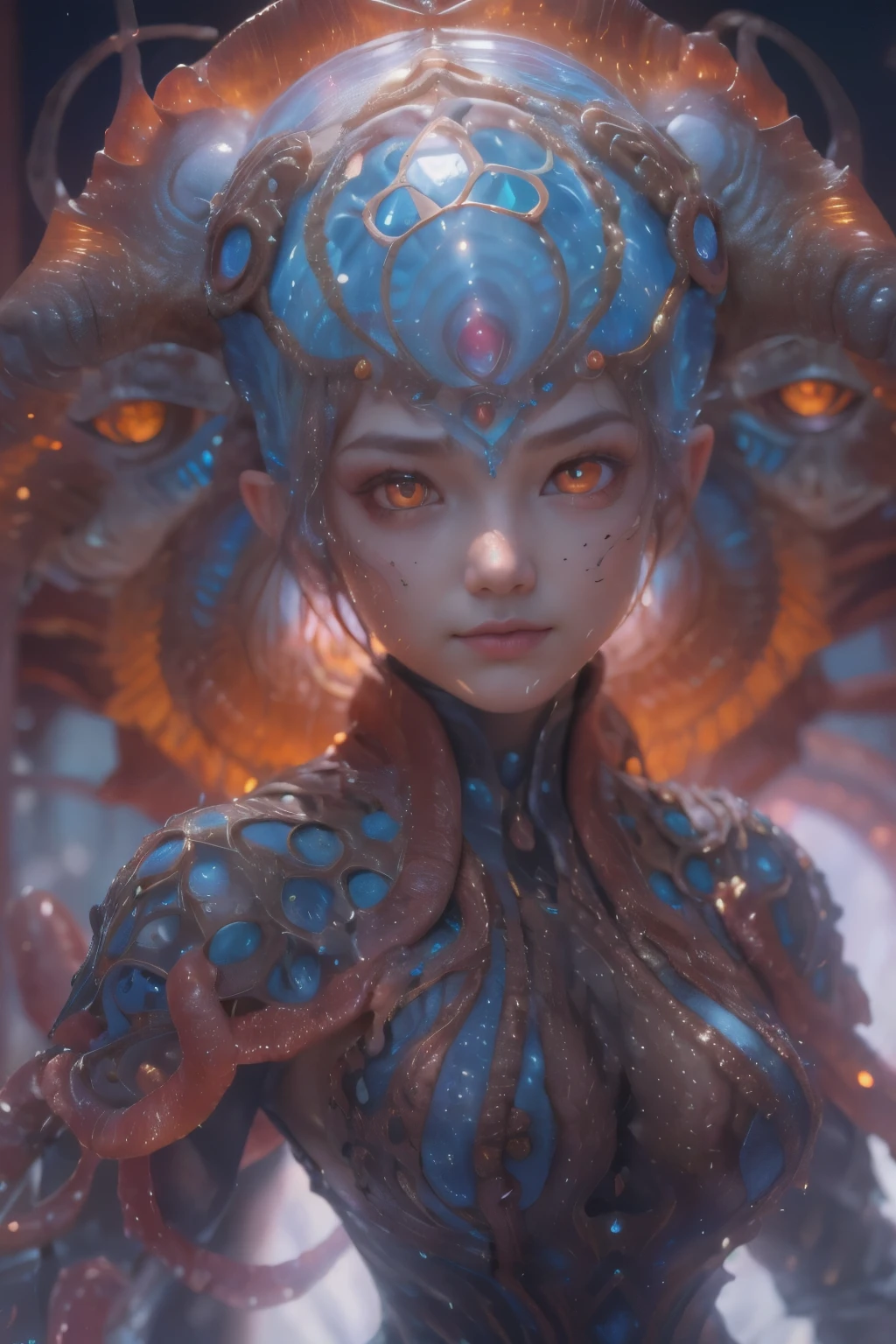 Portrait, (beautiful female alien:1.2), (There is a female genital-like organ in the middle of the forehead.:1.8), (The most beautiful face in the history of the universe:1.2), (scarlet eyes:1.6), (Translucent skin:1.8), an evil gaze that seduces , (red eyes:1.5), Full body like, (sexypose:1.5), alien, No humans, cells are fused, (Lots of translucent tentacles:1.1) (Translucent skin:1.3), extraterrestrial, cell, bio image, 魅惑的, Best Quality, 8K,4K_quality, High Definition, Dramatic Lighting, masutepiece:1.5,cinematic quality, detail up, (Intricate details:1.2), High resolution, High Definition, drawing faithfully, (Thick eyebrows:1.2), Beautiful eyes with fine symmetry, (Ultra detailed eyes:1.2),(Highly detailed face and eyes:1.2), (High-resolution red-eye:1.4), Intimate face, (Super detailed skin quality feeling:1.4), Perfect Anatomy, (Beautiful toned body:1.5), (Moist skin:1.2), No makeup, (dark circles:1.1), long canines, cinematic drawing of characters, ultra high quality model, cinematic quality, detail up, (Intricate details:1.2), High resolution, High Definition, drawing faithfully, Official art, Unity 8K wall , 8K Portrait, Best Quality, Very High resolution, ultra detailed artistic photography, midnight aura, unreal enginee 5, Ultra Sharp Focus, art by alberto seveso, ArtGerm, Roisch, intricate artwork, Medusa, best quality, masutepiece, ultra High resolution, (photos realistic:1.4), Ultra-realistic realism, dream-like, nautilus, Creation of fantasy, Snail, Dream Snail, biopunk nautilus, Thrilling color schemes, Ultra-realistic realism, seductively smiling, Blue tentacles