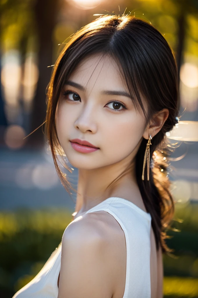 (Photoreal Stick:1.5, masutepiece:1.5, 8K), (top-quality, ​masterpiece, 超A high resolution), (Face Sharp Focus:1.5), Professional camera work:1.2, Highly detailed skin and facial texture:1.3, Grow Light Effect, The ultra-detailliert:1.3, 1girl in, Fair skin, (Sense of clarity:1.5), Extremely beautiful face:1.3, Sense of clarityを感じる目:0.9, looking distantly, Enraptured look:1.0, i love you completely:0.8, slightly open mouth:0.4, Sense of clarityを感じる口当たり:0.7, 二重まぶた, Dark brown medium hair, necklace and earrings, looking at viewert, (Intense sunlight:1.3, sunlight shining from behind:1.3, Strong sunlight spreads across the screen:1.4)