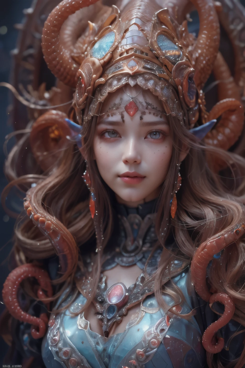 Portrait, (beautiful female alien:1.2), (There is a female genital-like organ in the middle of the forehead.:1.8), (The most beautiful face in the history of the universe:1.2), (scarlet eyes:1.6), (Translucent skin:1.8), an evil gaze that seduces , (red eyes:1.5), Full body like, (sexypose:1.5), alien, No humans, cells are fused, (Lots of translucent tentacles:1.1) (Translucent skin:1.3), extraterrestrial, cell, bio image, 魅惑的, Best Quality, 8K,4K_quality, High Definition, Dramatic Lighting, masutepiece:1.5,cinematic quality, detail up, (Intricate details:1.2), High resolution, High Definition, drawing faithfully, (Thick eyebrows:1.2), Beautiful eyes with fine symmetry, (Ultra detailed eyes:1.2),(Highly detailed face and eyes:1.2), (High-resolution red-eye:1.4), Intimate face, (Super detailed skin quality feeling:1.4), Perfect Anatomy, (Beautiful toned body:1.5), (Moist skin:1.2), No makeup, (dark circles:1.1), long canines, cinematic drawing of characters, ultra high quality model, cinematic quality, detail up, (Intricate details:1.2), High resolution, High Definition, drawing faithfully, Official art, Unity 8K wall , 8K Portrait, Best Quality, Very High resolution, ultra detailed artistic photography, midnight aura, unreal enginee 5, Ultra Sharp Focus, art by alberto seveso, ArtGerm, Roisch, intricate artwork, Medusa, best quality, masutepiece, ultra High resolution, (photos realistic:1.4), Ultra-realistic realism, dream-like, nautilus, Creation of fantasy, Snail, Dream Snail, biopunk nautilus, Thrilling color schemes, Ultra-realistic realism, seductively smiling, Blue tentacles