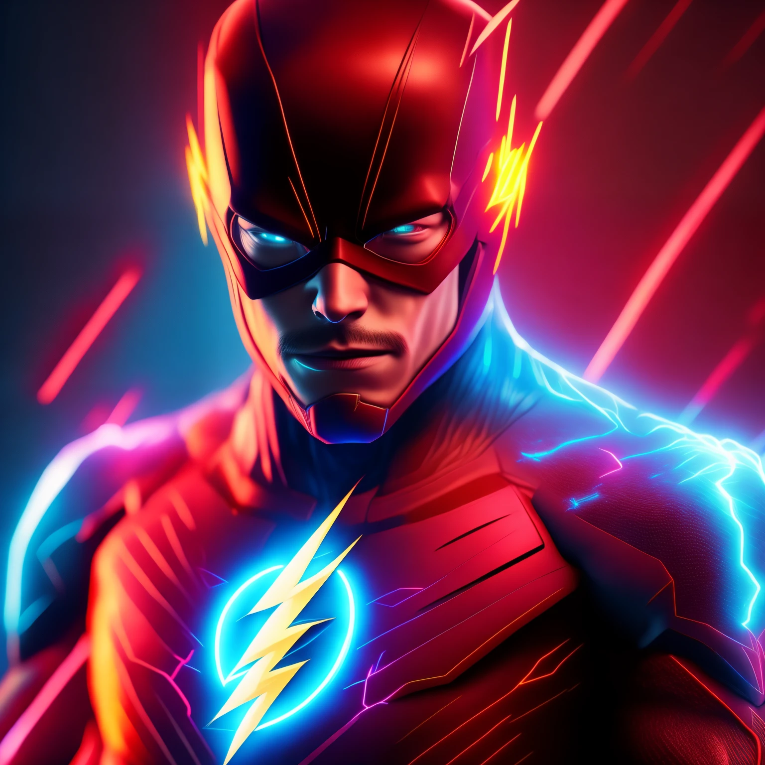 the Flash, Cyberpunk, 8k front face and chest ultra-detailed and ultra-realistic neon lightning