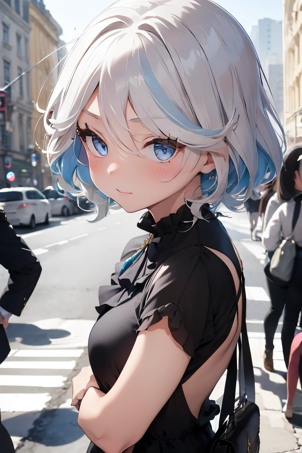 1 girl, elegant, short hair, white hair, blushing, famous, artist, paparazi crowd, met gala, sweet