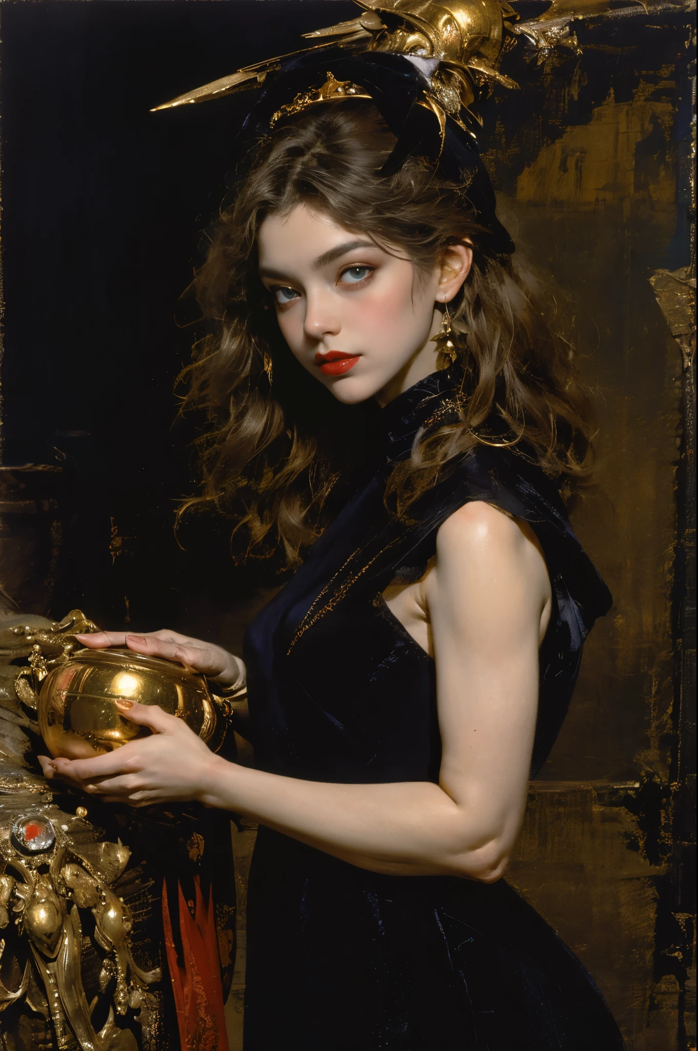 Mono Color,weight,NSFW,The upper part of the body,A nude devil woman with a black and white body stocking dress holding a red lip stick,Satan,succubi,eBlue eyes,Clothes detailed patterns,lacivious pose,spread legitimacy,Detailed Gothic background,dark fantasy background,Inspired by Robert McGinnis, Inspired by Gretel Stern, Takato Yamamoto’s style, Guido Crepax, Guido Crepax-style, Amano, Vanya Zoravlev, inspired by Leonor Fini, long tail hairy, Inspired by Takato Yamamoto.Inspired by Klimt and Mucha. beautidful eyes, beautiful detailed lips, Extremely detailed eyes and face, Long eyelash quality:1.2), ultra - detailed, (actual:1.37), oil painted, Color contrast, A high resolution, Black and white dress, red lip stick, Inspired by Robert McGinnis, Inspired by Gretel Stern, Yamamoto Takashi style, Guido Crepax style, Amano-inspired, Vanya Zoravlev-inspired, Leonor Fini'inspired, long tail hairy-inspired, Inspired by Takato Yamamoto, Vibrant colors, dramatic lights, eye-catching composition, fun atmosphere, Feminine elegance,Faki,oil painted,Impresionismo