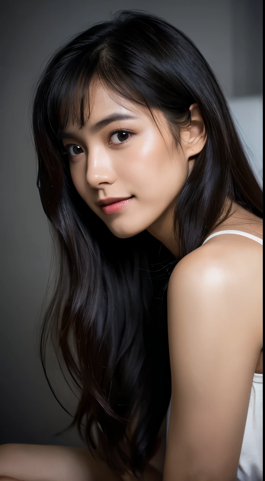 highest quality, epic realistic, ((in the pitch black darkness :1.4)), ((portrait:1.5)),(background: dark ) high contrast ,glorious picture, lowest lux, lighting face, she's comfortable, wearing nothing, , looks incredible, (8k, Raw photo, Highest quality),(epic realistic:1.5), a woman, face,(detailed eyes:0.8),(looking at the camera:1.4), (Highest quality), ( high contrast, deep shadows),Intricate details,cinematic,((skin:1.4)), (long dark hair:1.3), long hair, messy ,(Hdr:1.5),Detailed, colors, Superior quality, Masterpiece, Raw Photo (20-year-old, looking at viewer), beautiful, (wearing plain yellow shirt,), perfect, natural, perfect composition, portrait, perfect face, smiling expression, Captivating eyes, Bright details, Tight lips, (High Skin Detail),, (blue tint: 0.6), (sale: 0.8), (bloody: 0.7), Key lighting , (backlight: 0.5), Medium depth of field, Canon 5d, 50mm lens, f/4 apertures, (Ultra-detailed, Complex detail), sharp focus, soft colors, 8k, Absurd, 80mm, dark background, photography, smiling, pinay, filipina, medium boobs,