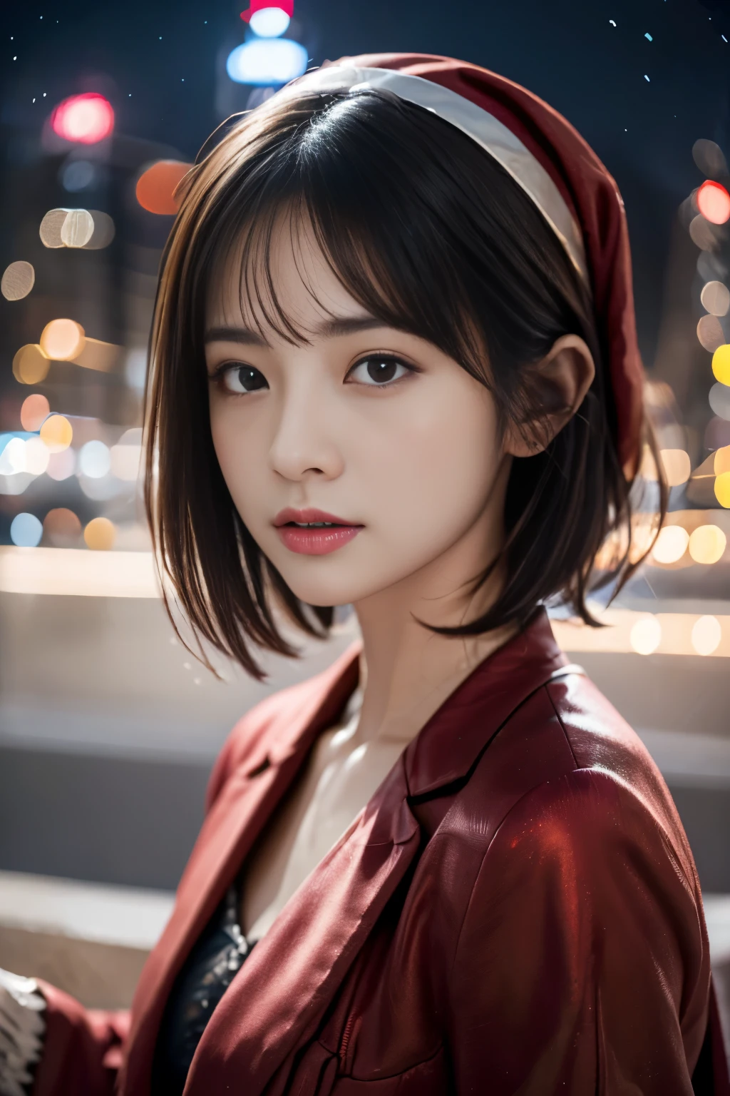 top-quality、masterpiece、超A high resolution、Raw photography、(Photorealsitic:1.4)、1人、A detailed face、Sparkling Christmas night view、Christmas Cityscape、Sexy Santa Claus costumes、provocative wink、The moment you turn around、short-haired、Beautiful Japan actress、sakimichan、cinematric light, realisticlying,best qualtiy, Complex CG,Highly detailed face,High detail eyes,