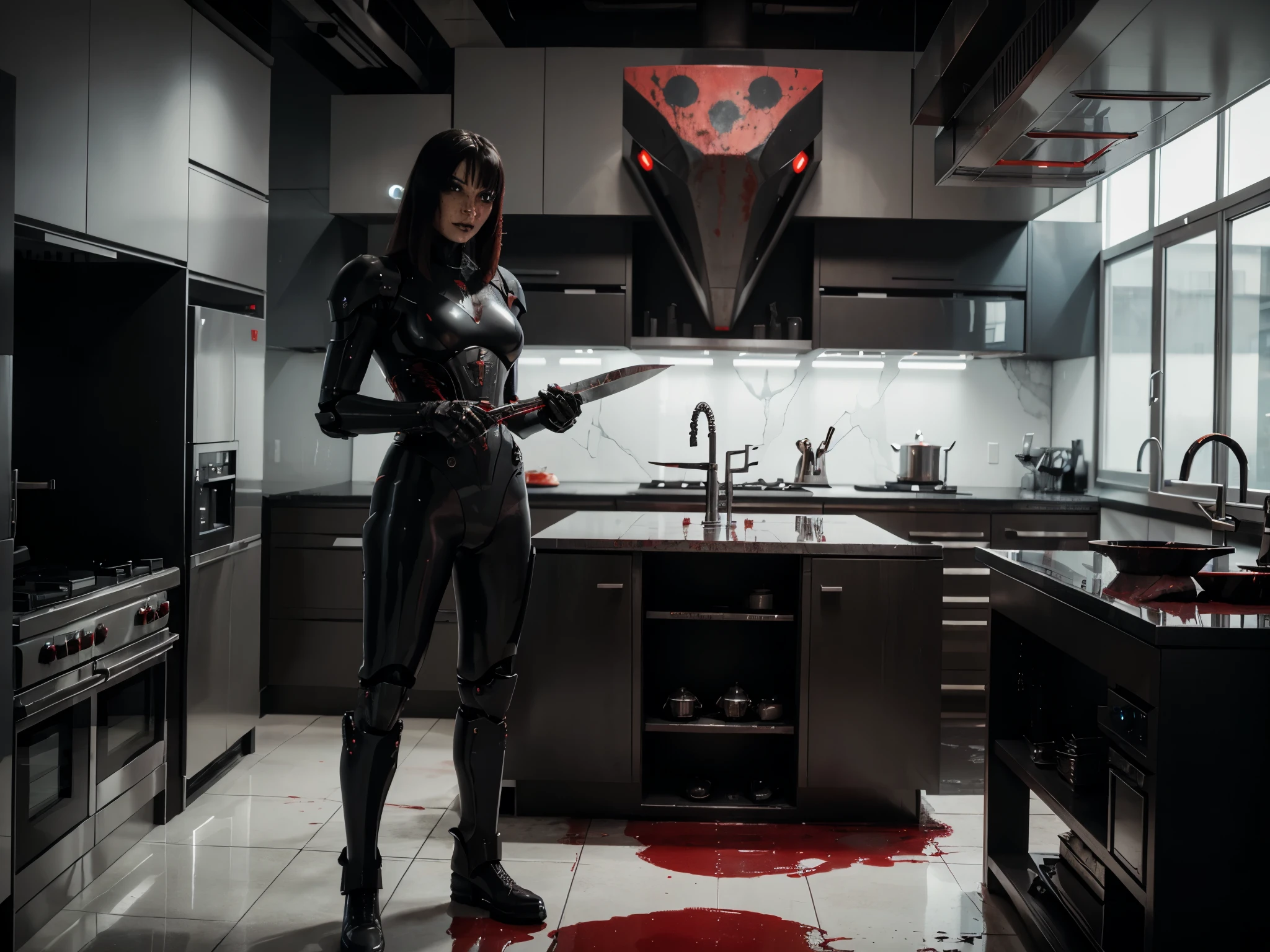 Absurd resolution, high resolution, (masterpiece: 1.4), hyper-detail, a mech, black armor, large warehouse, open eyes, red glasses, facing the lens, fire, body power stove heat, robotic arm with flames and white smoke on its hands