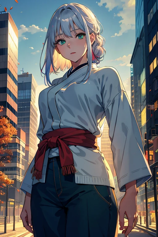 Japan, hight resolution, best qualtiy, Illustration, ultra-detailliert, (Detailed face), (Detailed eyes), Soft lighting, Best Quality, Hazy glow, dreamy ambiance, Hyper Detailed, masutepiece, 1girl in, Solo, Silver hair, Green eyes, Knitwear, Luminous Eyes, medium breasts, (Colorful), Cowboy Shot, From below, Outdoors, morning, Clouds, skyscrapers in the background, industrial, public transport, , concrete buildings, concrete, walkway, busy, Trees, Autumn, Falling leaves,