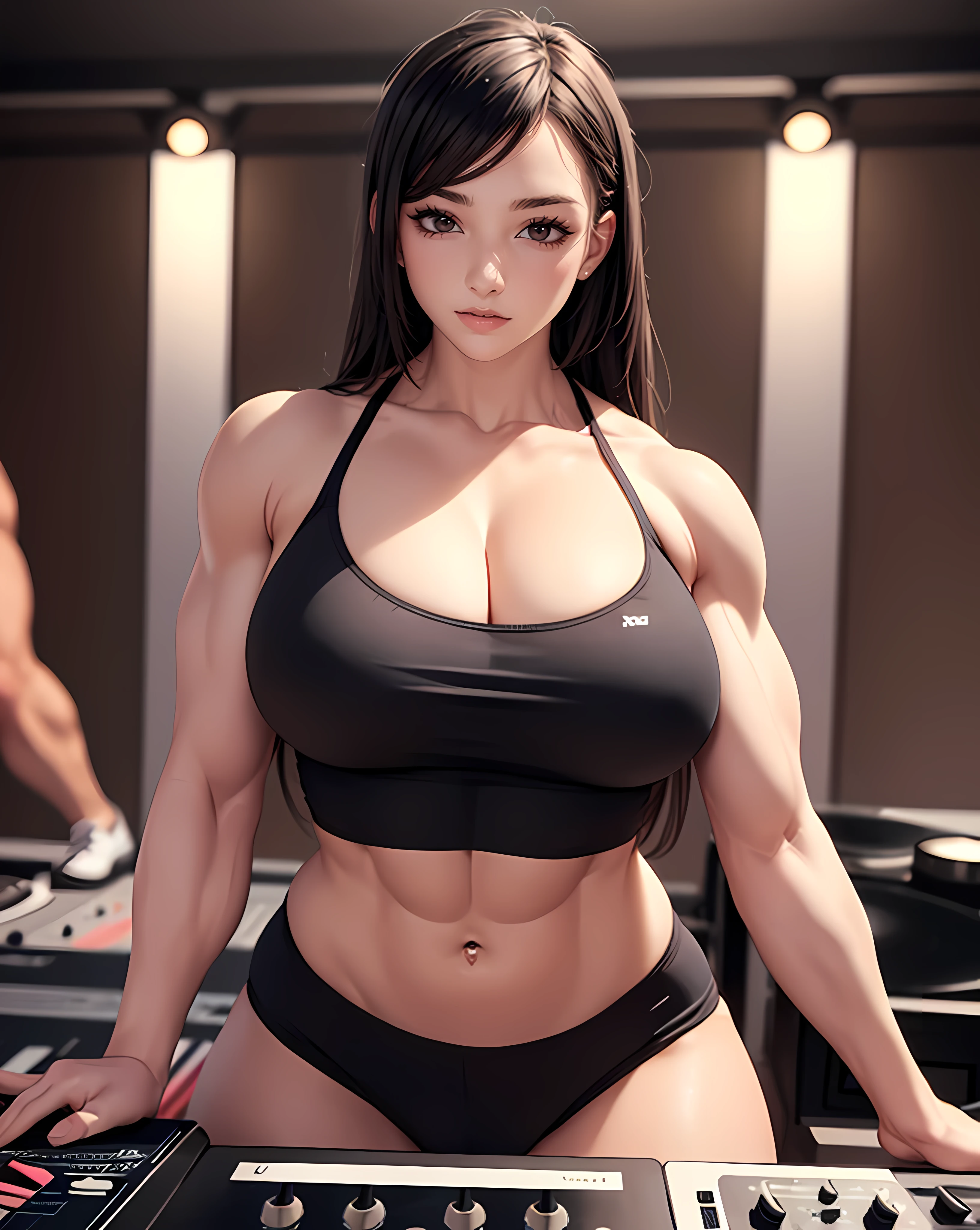 (masterpiece, best quality:1.37), ultra-detailed:1.37, hyper-sharp:1.37, anime style, An illustration of a female bodybuilder with a height of 2m who is DJing while showing off her muscles. The (((female bodybuilder))) is 2meters tall and has a muscular build. A female bodybuilder wears a tank top and shorts, exposing her muscles. A female bodybuilder is standing in a DJ booth and playing music with turntables and a mixer. A female bodybuilder is playing music while showing off her muscles. Audiences are overwhelmed and go wild with her female bodybuilder muscles. This illustration shows a strong and dynamic representation of a 2m tall female bodybuilder DJing while showing off her muscles, ((((huge muscles))))