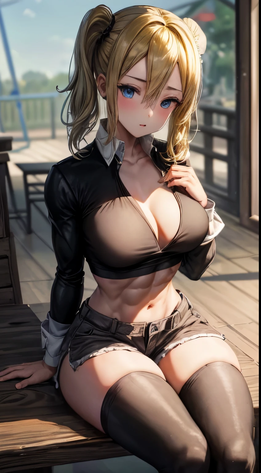 (top-quality、in 8K、32K、​masterpiece、UHD、ighly detailed、Impresionismo:1.2)、Full body, (amusement park:1.4)、realistic shadow, beauitful face, blurry backround, (masterpiece), best quality, expressive eyes, perfect face, skirt expressive eyes, perfect hand, 1 girl, sitting on a table in class, blonde, sport crop top modern, medium boobs, cleavage, abs six pack, show big hips, show biceps, shorts pants, details on the uniform, natural lighting, vibrant colors, classroom, energic, lazy expression.