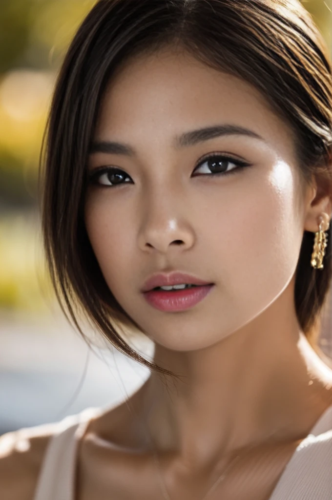(Photoreal Stick:1.5, masutepiece:1.5, 8K), (top-quality, masterpiece, 超A high resolution), (Face Sharp Focus:1.5), Professional camera work:1.2, Highly detailed skin and facial texture:1.3, Grow Light Effect, The ultra-detailliert:1.3, 1girl in, Fair skin, (Sense of clarity:1.5), Extremely beautiful face:1.3, Sense of clarityを感じる目:0.9, looking distantly, Enraptured look:1.0, i love you completely:0.8, slightly open mouth:0.4, Sense of clarityを感じる口当たり:0.7, 二重まぶた, Dark brown medium hair, necklace and earrings, looking at viewert, (Intense sunlight:1.3, sunlight shining from behind:1.4, Strong sunlight spreads across the screen:1.3)