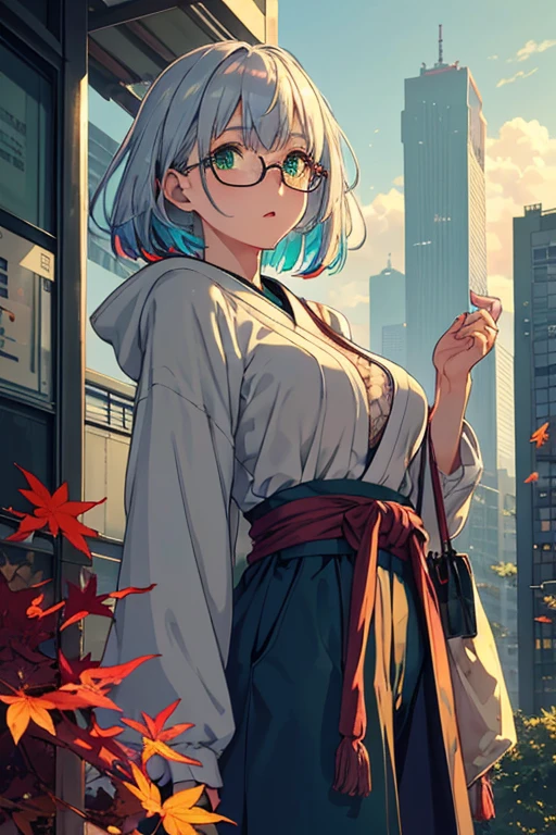 Japan, hight resolution, best qualtiy, Illustration,  ultra-detailliert, (Detailed face), (Detailed eyes), Soft lighting, Best Quality, Hazy glow, dreamy ambiance, Hyper Detailed, masutepiece, 1girl in, Solo, Silver hair, Green eyes, Knitwear, Luminous Eyes, medium breasts, (Colorful), Cowboy Shot, From below, Outdoors, morning, Clouds, skyscrapers in the background, industrial, public transport, , concrete buildings, concrete, walkway, busy, Trees, Autumn, Falling leaves, Pill glasses