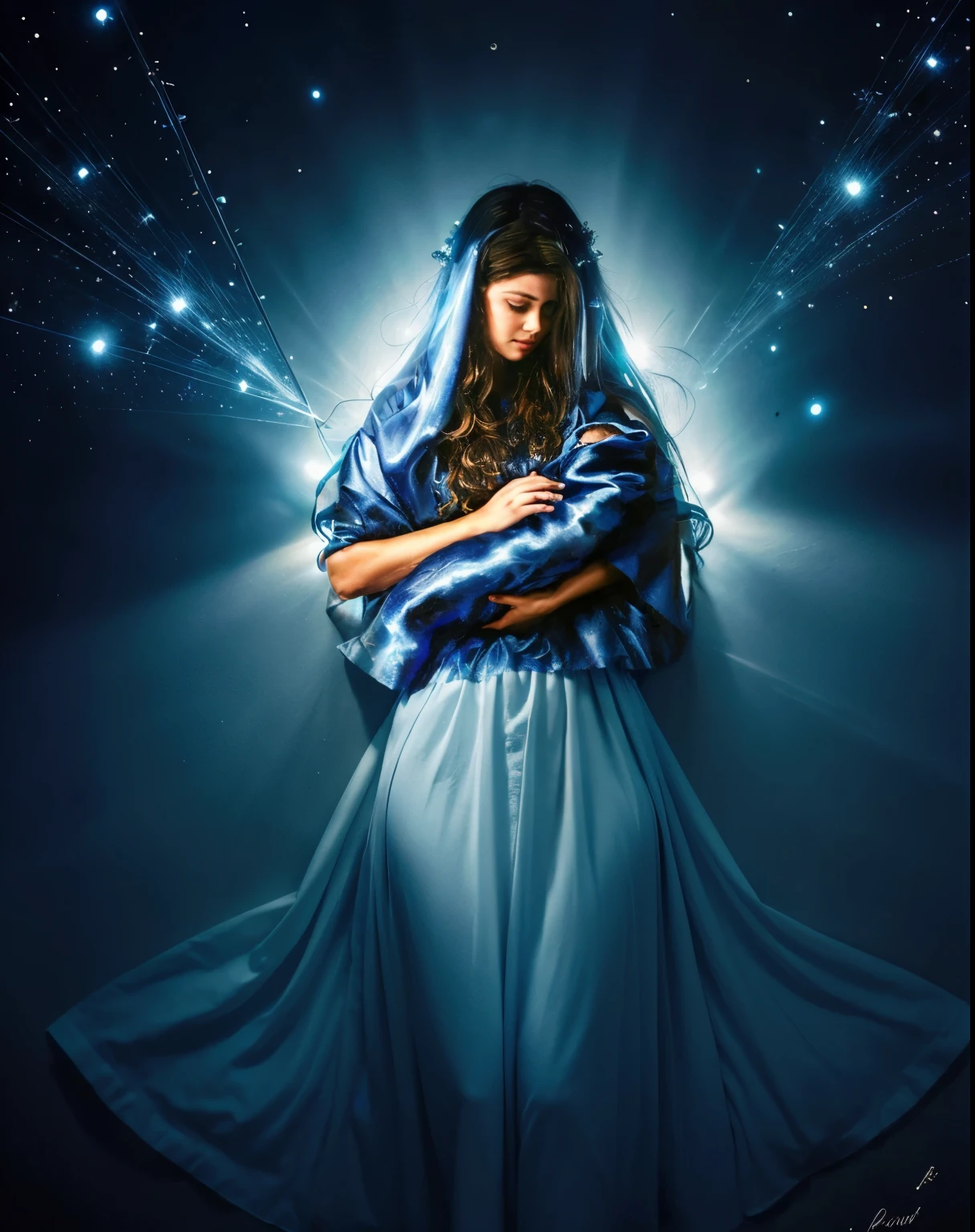 master part, (best quality: 1.2), (super fino: 1.2), (extremamente delicado e bonito: 1.2), Film angle, floating, (luz do detalhe: 1.1), luzes de filme, Mulher com filho bebe no colo, vestido longo, vestido longo azul com rosas branca cabelos castanhos, olhos azuis, olhos brilhantes, (lua: 1.2), (lualight: 1.1), Delicate starry sky, (light particles: 1.1), sketching, blossoming