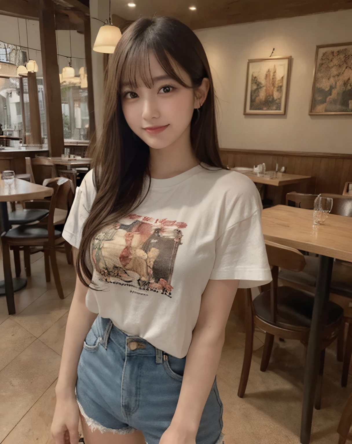 masterpiece, Best Quality, Illustration, Ultra-detailed, finely detail, high resolution, 8K Wallpaper, Perfect dynamic composition, Beautiful detailed eyes, Big breasts, Natural Color Lip, posing randomly, Smile, ((restaurant)), 20 years girl, full body shot, long hair, ((wearing causual t-shirt with short pants)), darker, looking in front, standing