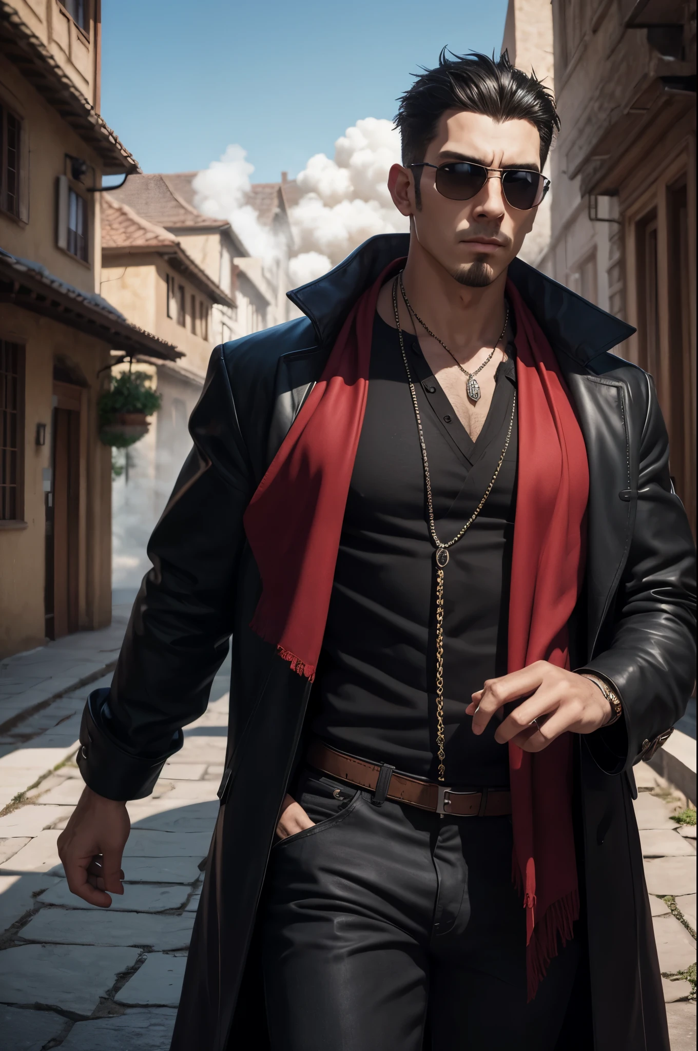 8K,Black hedgehog,masutepiece, Black hedgehog, mafia boss costume,Chew a cigar,red stole around the neck,matrix style, Black coat, Sunglasses, Cool pose, Best Quality, big scar on cheek,Super precise big scar on the face,超A high resolution,A hyper-realistic,Fantasyart,character art,smoke rising from a cigar,direct one's gaze toward the viewer,In front of a mansion in medieval Europe,precision hedgehog hair,
