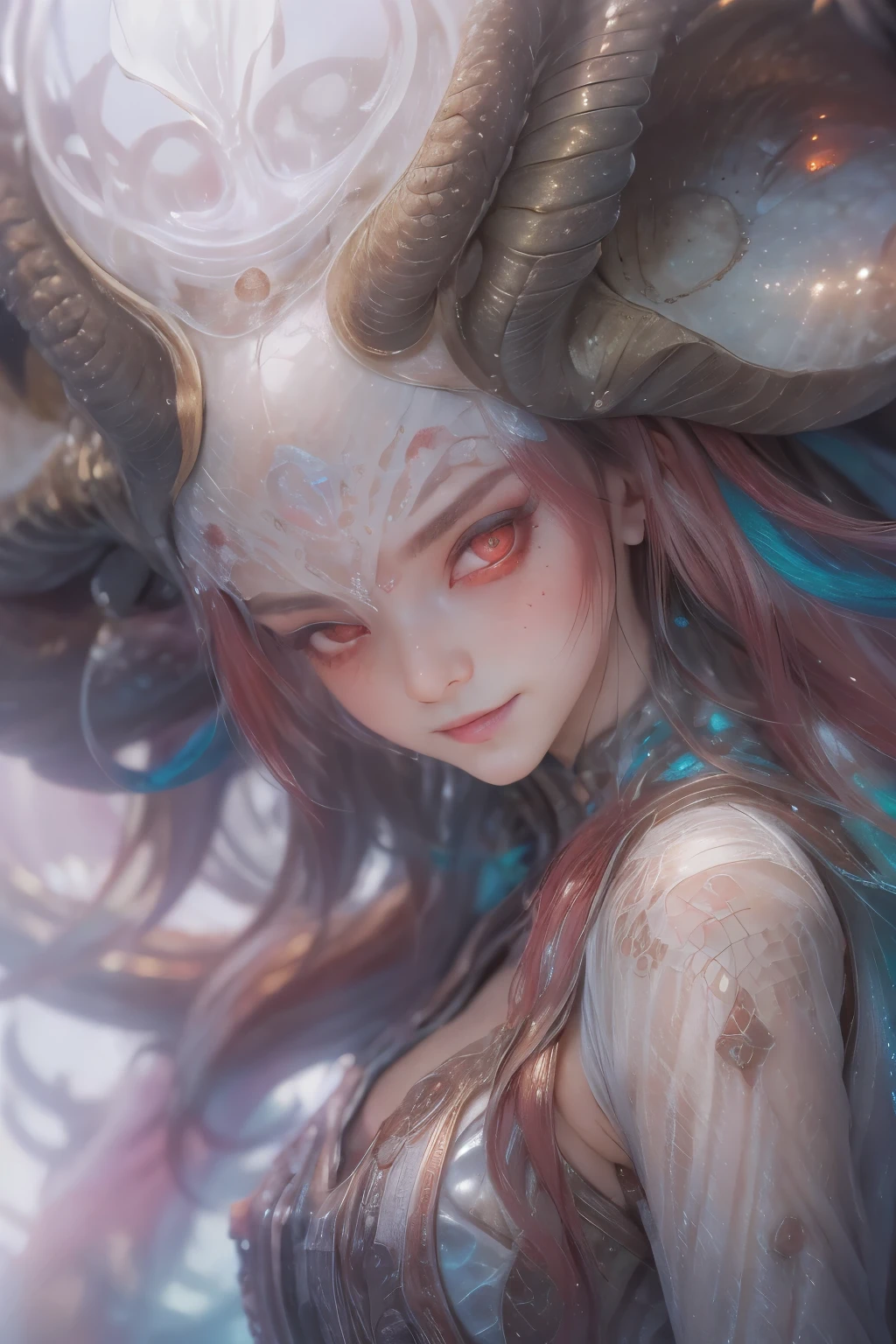 Portrait, (beautiful female alien:1.2), (There is a female genital-like organ in the middle of the forehead.:1.8), (The most beautiful face in the history of the universe:1.2), (scarlet eyes:1.6), (Translucent skin:1.8), an evil gaze that seduces, (red eyes:1.5), lick one's tongue in front of one's prey, Full body like, (bio luminescent:1.2), (Smile wickedly:1.3), (sexypose:1.5), alien, No humans, cells are fused, (Lots of translucent tentacles:1.1) (Translucent skin:1.3), extraterrestrial, cell, bio image, 魅惑的, Best Quality, 8K,4K_quality, High Definition, Dramatic Lighting, masutepiece:1.5,cinematic quality, detail up, (Intricate details:1.2), High resolution, High Definition, drawing faithfully, (Thick eyebrows:1.2), Beautiful eyes with fine symmetry, (Ultra detailed eyes:1.2),(Highly detailed face and eyes:1.2), (High-resolution red-eye:1.4), Intimate face, (Super detailed skin quality feeling:1.4), Perfect Anatomy, (Beautiful toned body:1.5), (Moist skin:1.2), No makeup, (dark circles:1.1), long canines, cinematic drawing of characters, ultra high quality model, cinematic quality, detail up, (Intricate details:1.2), High resolution, High Definition, drawing faithfully, Official art, Unity 8K wall , 8K Portrait, Best Quality, Very High resolution, ultra detailed artistic photography, midnight aura, unreal enginee 5, Ultra Sharp Focus, art by alberto seveso, ArtGerm, Roisch, intricate artwork, Medusa, best quality, masutepiece, ultra High resolution, (photos realistic:1.4), Ultra-realistic realism, dream-like, nautilus, Creation of fantasy, Snail, Dream Snail, biopunk nautilus, Thrilling color schemes, Ultra-realistic realism, seductively smiling, Blue tentacles