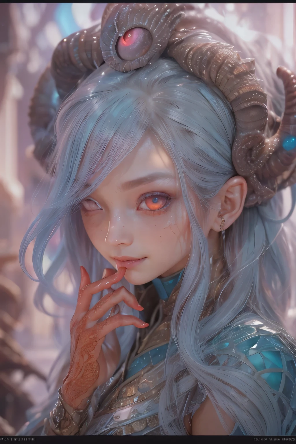 Portrait, (beautiful female alien:1.2), (There is a female genital-like organ in the middle of the forehead.:1.8), (The most beautiful face in the history of the universe:1.2), (scarlet eyes:1.6), (Translucent skin:1.8), an evil gaze that seduces , (red eyes:1.5), Full body like, (sexypose:1.5), alien, No humans, cells are fused, (Lots of translucent tentacles:1.1) (Translucent skin:1.3), extraterrestrial, cell, bio image, 魅惑的, Best Quality, 8K,4K_quality, High Definition, Dramatic Lighting, masutepiece:1.5,cinematic quality, detail up, (Intricate details:1.2), High resolution, High Definition, drawing faithfully, (Thick eyebrows:1.2), Beautiful eyes with fine symmetry, (Ultra detailed eyes:1.2),(Highly detailed face and eyes:1.2), (High-resolution red-eye:1.4), Intimate face, (Super detailed skin quality feeling:1.4), Perfect Anatomy, (Beautiful toned body:1.5), (Moist skin:1.2), No makeup, (dark circles:1.1), long canines, cinematic drawing of characters, ultra high quality model, cinematic quality, detail up, (Intricate details:1.2), High resolution, High Definition, drawing faithfully, Official art, Unity 8K wall , 8K Portrait, Best Quality, Very High resolution, ultra detailed artistic photography, midnight aura, unreal enginee 5, Ultra Sharp Focus, art by alberto seveso, ArtGerm, Roisch, intricate artwork, Medusa, best quality, masutepiece, ultra High resolution, (photos realistic:1.4), Ultra-realistic realism, dream-like, nautilus, Creation of fantasy, Snail, Dream Snail, biopunk nautilus, Thrilling color schemes, Ultra-realistic realism, seductively smiling, Blue tentacles