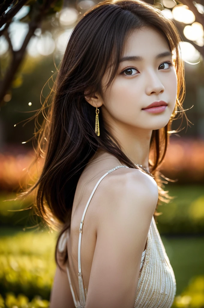 (Photoreal Stick:1.5, masutepiece:1.5, 8K), (top-quality, masterpiece, 超A high resolution), (Face Sharp Focus:1.45), Professional camera work:1.25, Highly detailed skin and facial texture:1.3, Grow Light Effect, The ultra-detailliert:1.3, 1girl in, Fair skin, (Sense of clarity:1.5), Extremely beautiful face:1.3, Sense of clarityを感じる目:0.9, looking distantly, Enraptured look:1.0, i love you completely:0.8, slightly open mouth:0.4, Sense of clarityを感じる口当たり:0.7, 二重まぶた, Dark brown medium hair, necklace and earrings, looking at viewert, (Intense sunlight:1.3, sunlight shining from behind:1.4, Strong sunlight spreads across the screen:1.3)