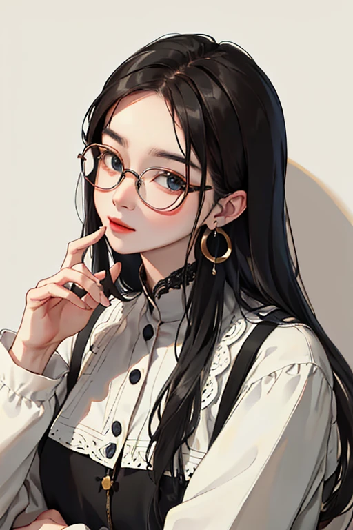(masuter piece:1.2、top-quality)、(Real Photographics、intricate-detail)、独奏、1、home、facial close-up、The shirt、(Front Focus)、Large round earrings、looking at me、bangss、Round rimmed glasses
