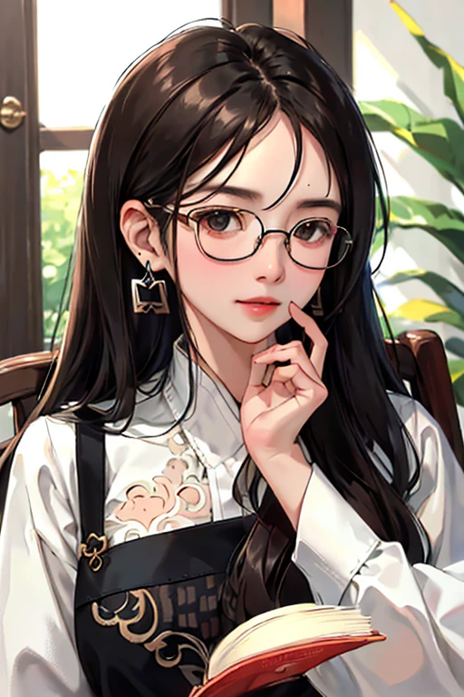 (masuter piece:1.2、top-quality)、(Real Photographics、intricate-detail)、独奏、1、home、facial close-up、The shirt、(Front Focus)、Large round earrings、looking at me、bangss、Round rimmed glasses