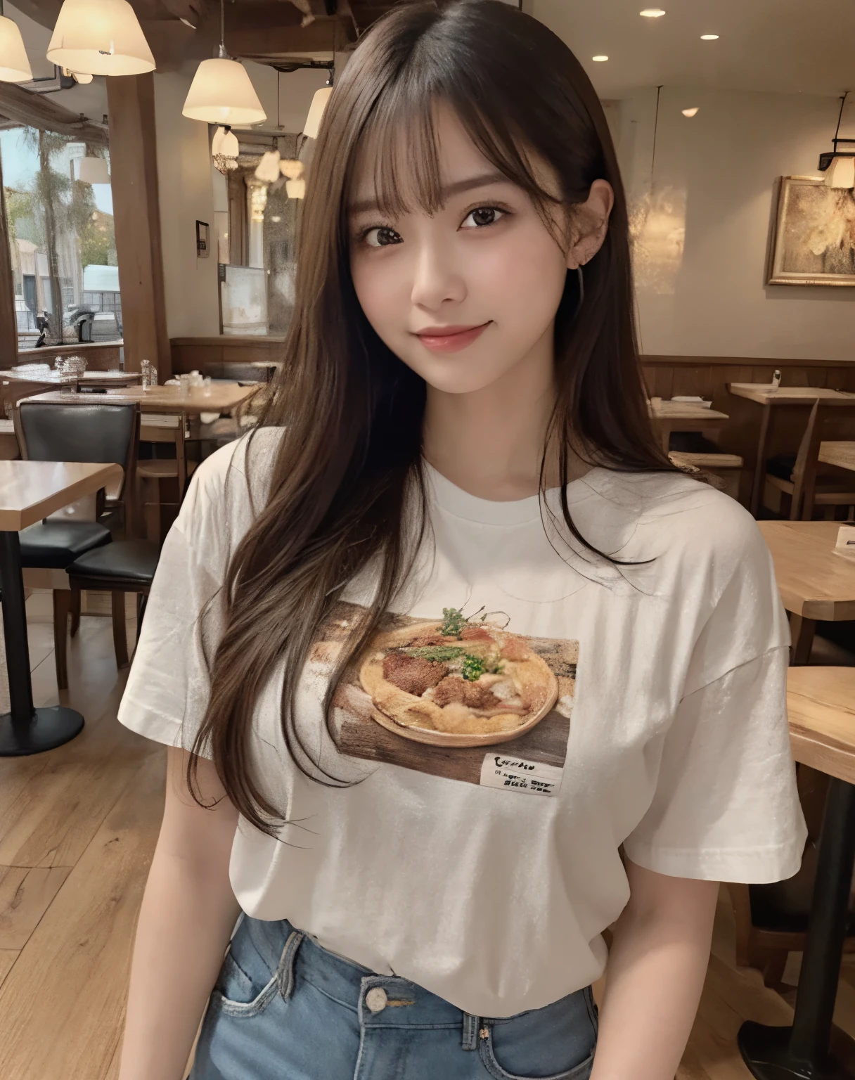 masterpiece, Best Quality, Illustration, Ultra-detailed, finely detail, high resolution, 8K Wallpaper, Perfect dynamic composition, Beautiful detailed eyes, Big breasts, Natural Color Lip, posing randomly, Smile, ((restaurant)), 20 years girl, full body shot, long hair, ((wearing causual t-shirt with short pants)), darker, looking in front, standing