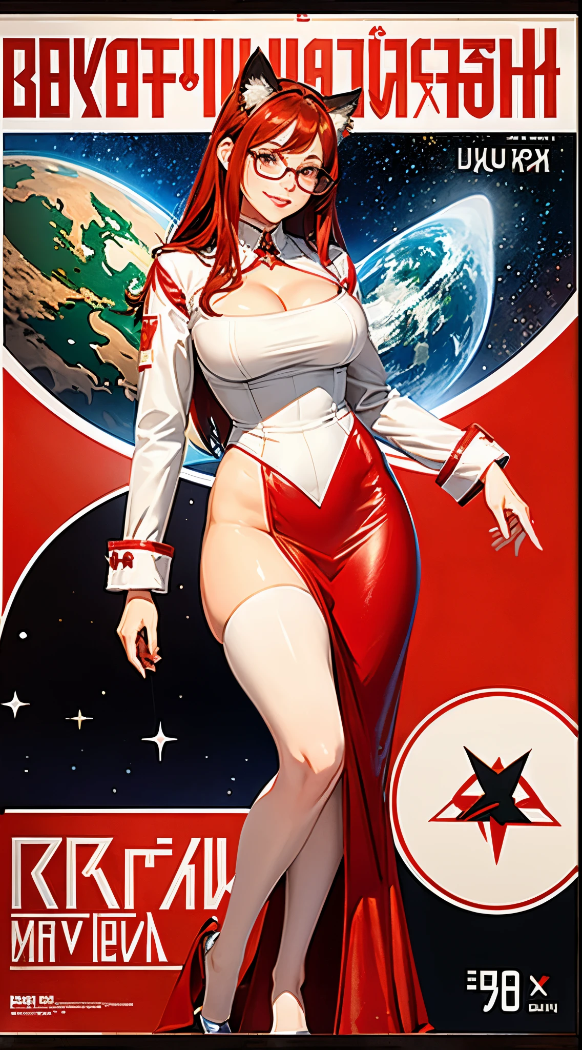 1girl,curvy_breasts, cute, beautiful detailed eyes, shiny hair, visible through hair, hairs between eyes, (Caucasian face, Europe face, eastern Europe girl), (USSR poster), (soviet poster), red monochrome, (soviet, communism, ((PROPAGANDA POSTER))), red_hair, monster girl, cat girl, cat ears, cat tail, cat texture skin, smiling, (Red_eyes) , (()), (((furry))), good breasts, wearing black formal cloth Business,gloves, shoes, glasses, ((the USSR red letters on the poster)), weightlessness, Side light, reflection, The person in the spacesuit is at the bottom left of the frame, The right hand is outstretched, Space station in the upper right corner of the screen, Reflected light from the sun, Silver metal, red flag, (USSR style), diffuse reflection, Metallic texture, ((alien planet background)), (pinup-girl, the sea of star on background), ((effect of old poster))