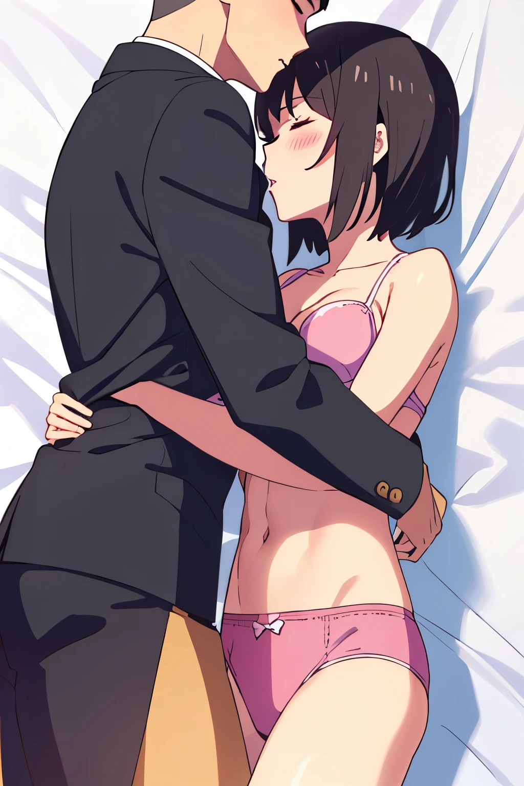 shinkai makoto, kimi no na wa., 1boy, buzzcut, blush, muscular, topless, gray pants, open arms for viewer, hug, buzzcut boy_on_top, lying, closed eyes, 1girl, bangs, bed sheet, black hair, blush, breasts, medium breast, closed eyes, red bow, short hair, white long sleeve shirt, open shirt, unbuttoned, navel, off shoulder, undressing, pink bra, pink panties, medium breast, parted lips, cowboy shot, groin, lying, medium breasts, on back, face to face, passionate hug, kiss, girl_on_below