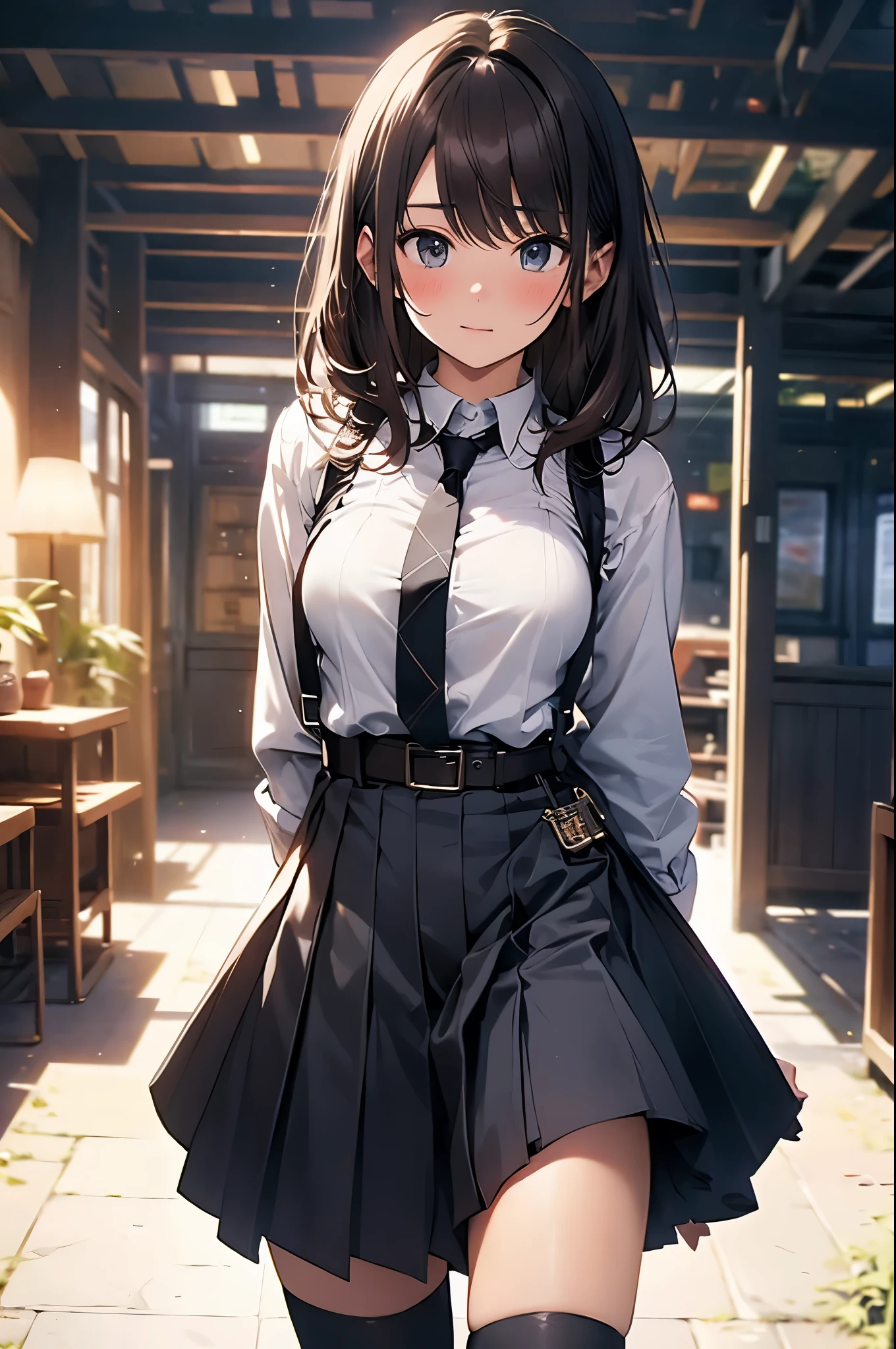 Brown hair、watching at viewers　　　black suspenders　　　Bulging big breasts　　 　 　　　walls: 　Black miniskirt　garters　　　　　　Gaze　　　Small face　bangss 　　　holster　　　Beautuful Women　　hands up　　レッグholster ベッドに横たわる　　Gaze 　black boots panty shot　provocation　flank　flank汗　soio 　arm　inside of a car　Fold your hands behind your back　a belt