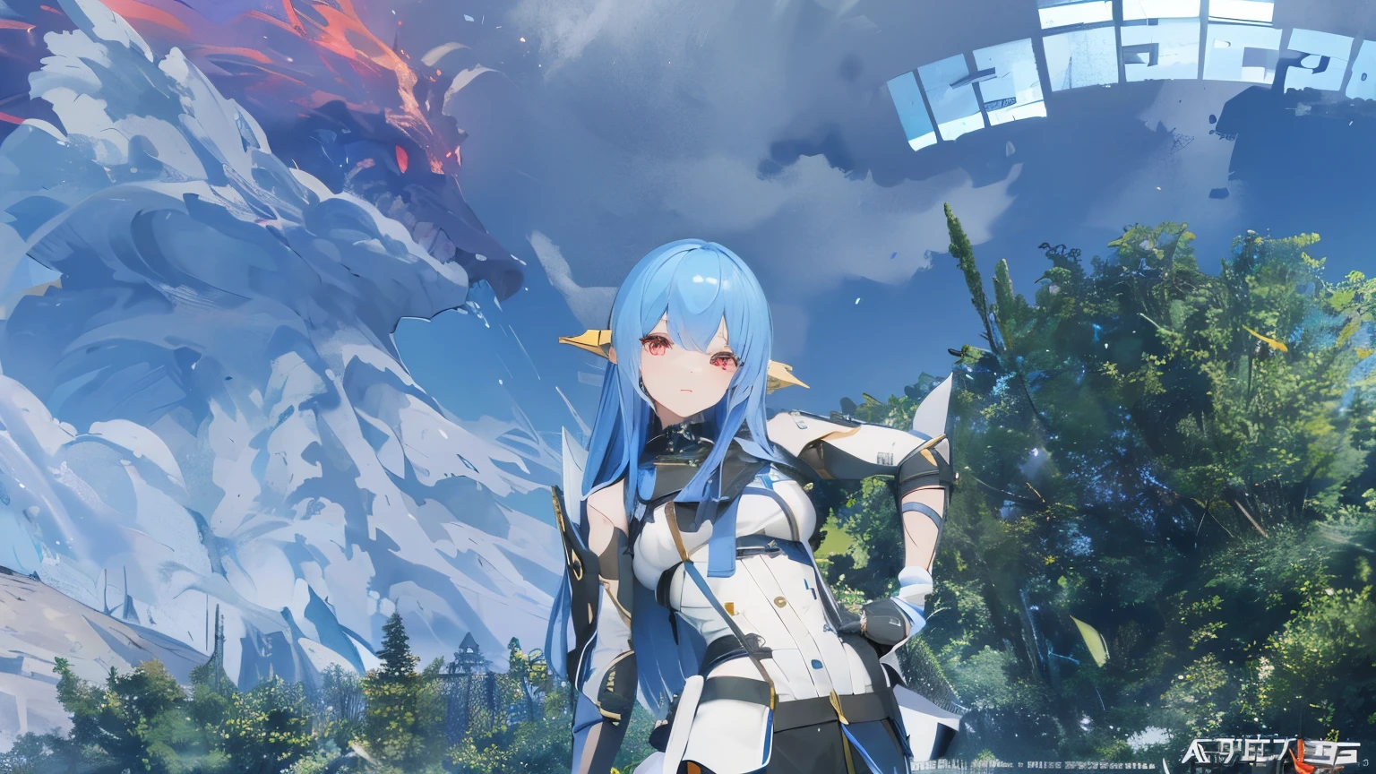 ((Very detailed)), (Perfectly detailed face), (Highly detailed hands),Zito-order、Red eyes、Clear eyes、Bright blue hair、put hands on the hip、volcano visible in the distance