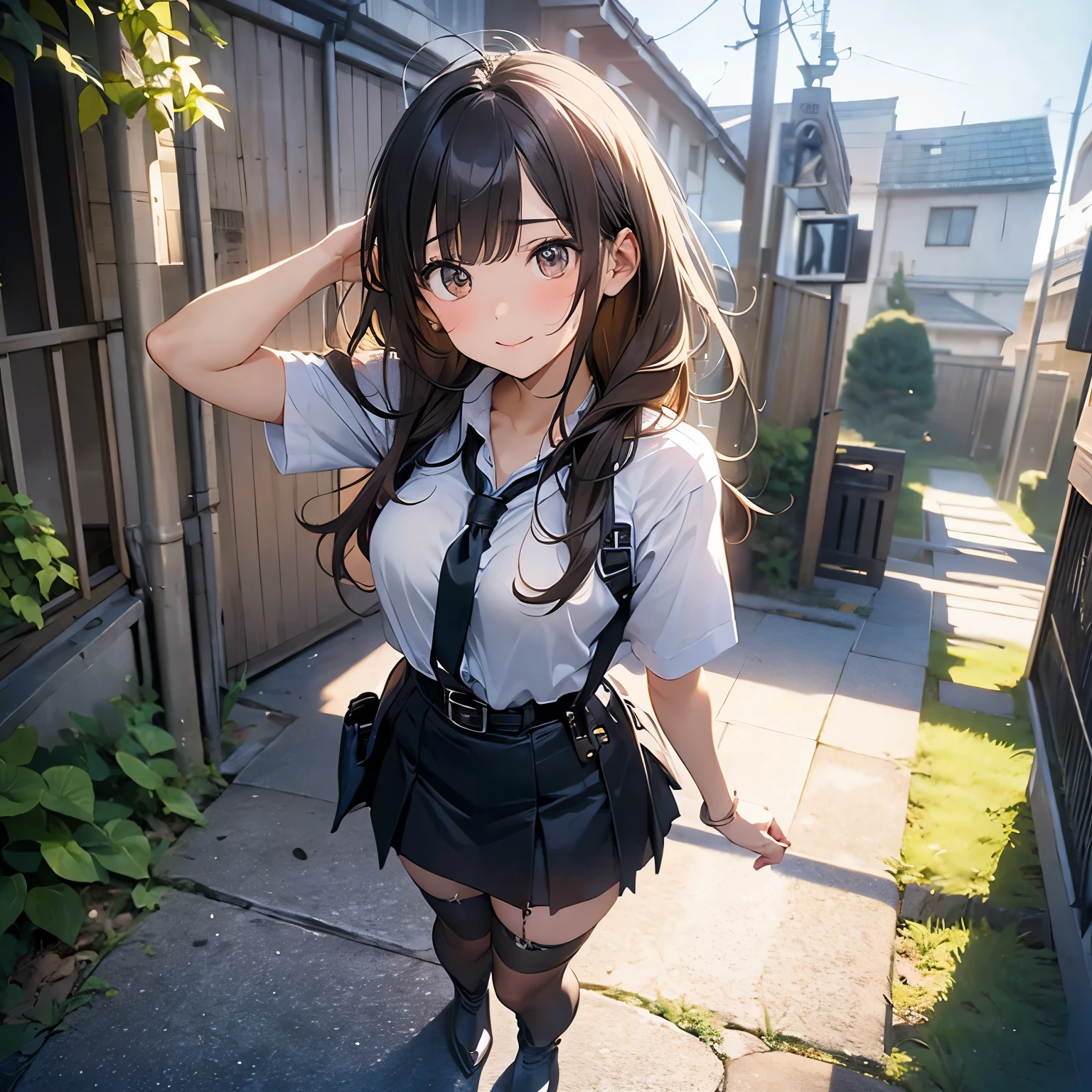 Brown hair、watching at viewers　　　black suspenders　　　Bulging big breasts　　 　 　　　walls: 　Black miniskirt　garters　　　　　　Gaze　　　Small face　bangss 　　　holster　　　Beautuful Women　　hands up　　レッグholster ベッドに横たわる　　Gaze 　black boots panty shot　provocation　flank　flank汗　soio 　arm　inside of a car　Fold your hands behind your back　a belt