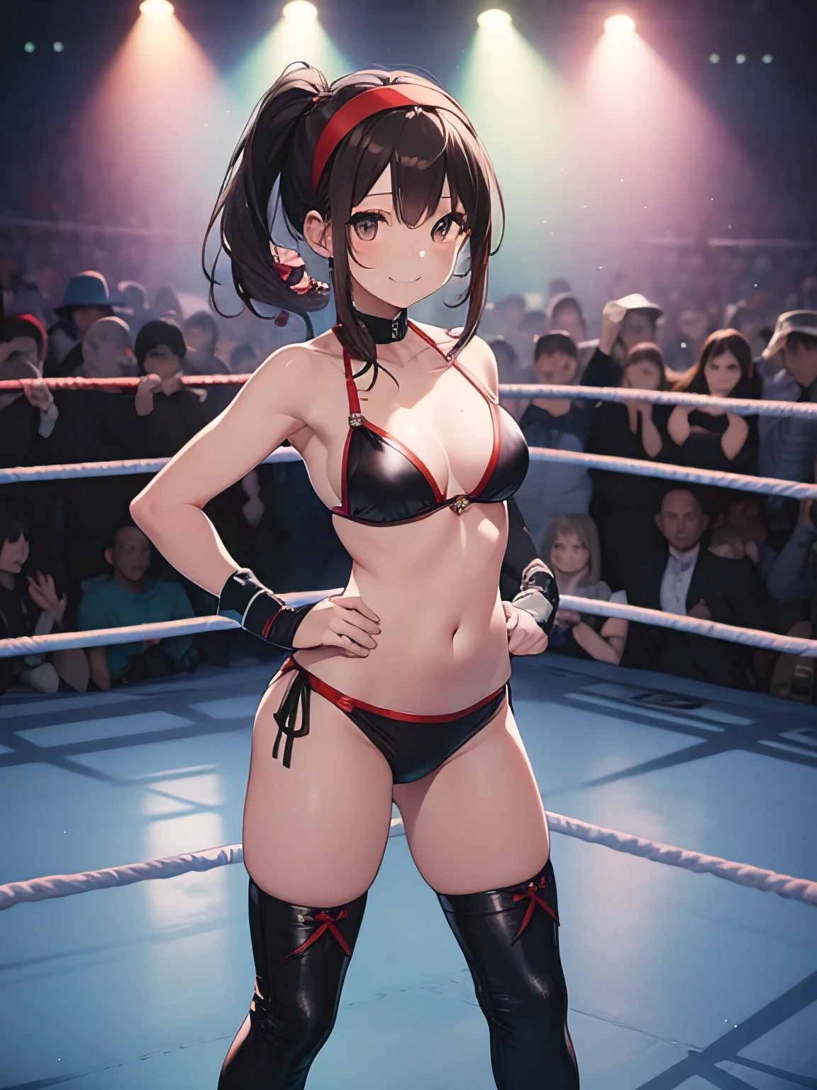 top-quality、extremely delicate and beautiful、(One Person)、(small tits)、Girly、Girly、( old girl)、(Dark hair)、(maikurobikini)、((poneyTail))、(red hairband)、(Brown boots)、A smile、professional wrestling、Crowd Circle View、professional wrestling、spectator seats、Crowd Circle View、Fights in professional wrestling、Fighting、Rise to the pinnacle of professional wrestling、Facing the front、Hands on the hips、Stand alone in the ring
