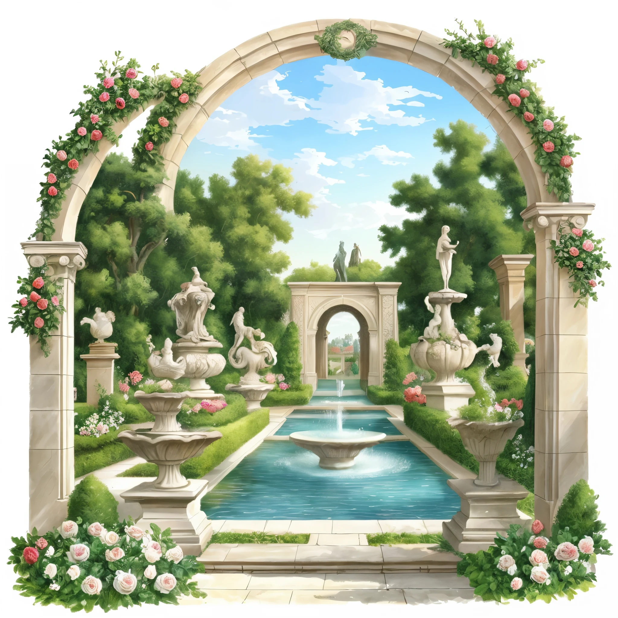 There is a garden,There are fountains and flowers, Portal made of white roses, romantic art style,landscape artwork, A beautiful artistic illustration, Fountains and arches, royal garden background, White rose garden, , beautiful artist rendering,