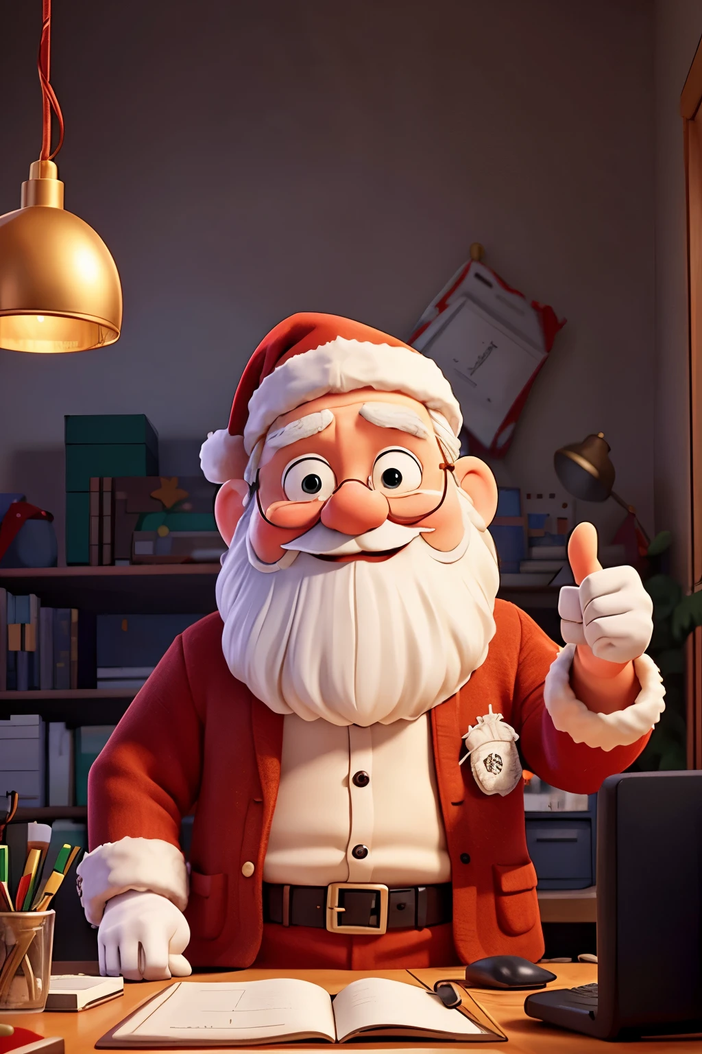 A Santa Claus who is in his office at the North Pole. In a beautiful room full of gifts with a Christmas tree, sentado em frente a um computador, muito feliz, winking at people and giving a thumbs up with his right hand, dia, Cartoon illustration style, tons vintage, Christmas tree