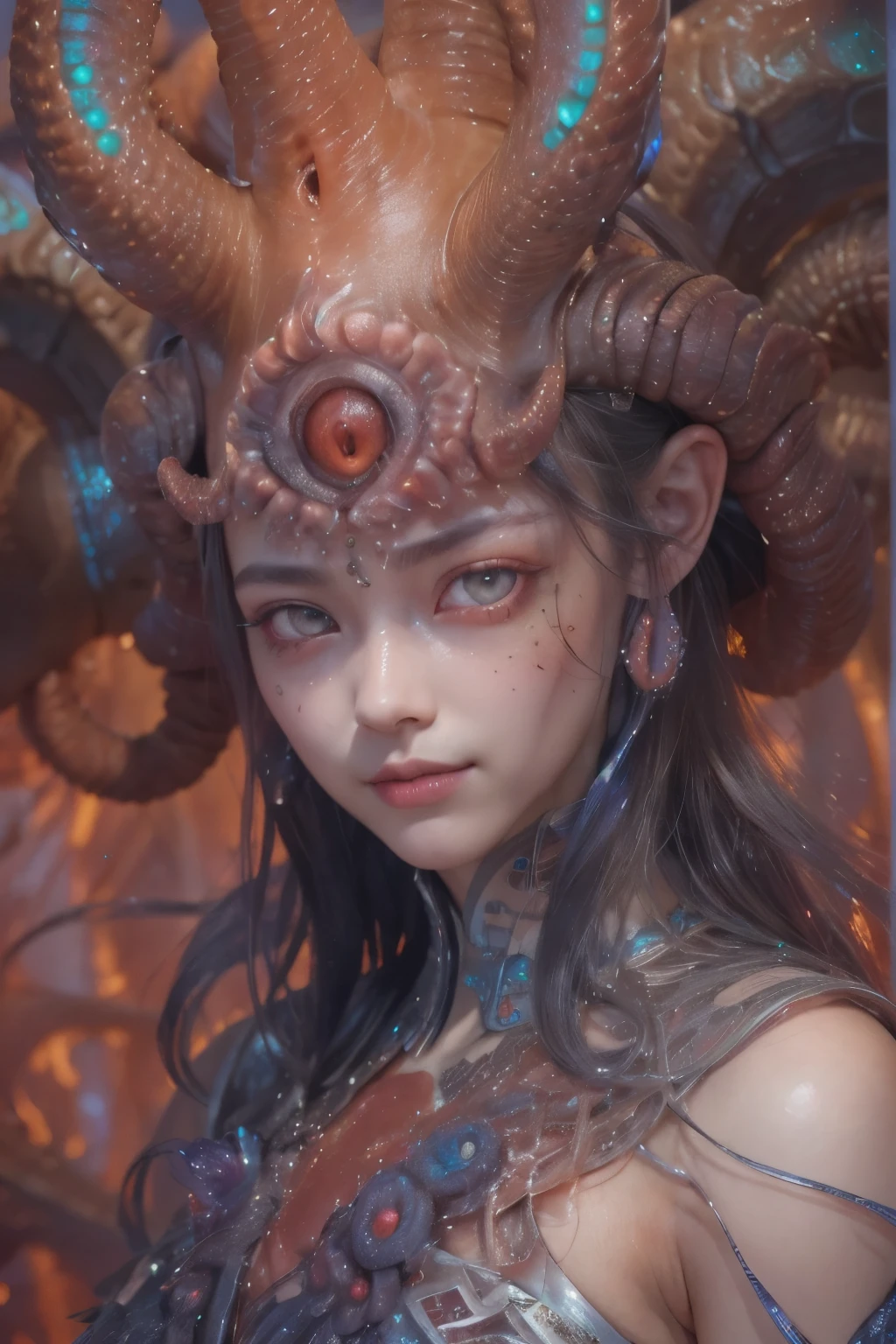 Portrait, (beautiful female alien:1.2),  (There is a female genital-like organ in the middle of the forehead.:1.8), (The most beautiful face in the history of the universe:1.2), (scarlet eyes:1.6), (Translucent skin:1.8), an evil gaze that seduces , (red eyes:1.5), Full body like, (sexypose:1.5), alien, No humans, cells are fused, (Lots of translucent tentacles:1.1) (Translucent skin:1.3), extraterrestrial, cell, bio image, 魅惑的, Best Quality, 8K,4K_quality, High Definition, Dramatic Lighting, masutepiece:1.5,cinematic quality, detail up, (Intricate details:1.2), High resolution, High Definition, drawing faithfully, (Thick eyebrows:1.2), Beautiful eyes with fine symmetry, (Ultra detailed eyes:1.2),(Highly detailed face and eyes:1.2), (High-resolution red-eye:1.4), Intimate face, (Super detailed skin quality feeling:1.4), Perfect Anatomy,  (Beautiful toned body:1.5),  (Moist skin:1.2), No makeup, (dark circles:1.1), long canines, cinematic drawing of characters, ultra high quality model, cinematic quality, detail up, (Intricate details:1.2), High resolution, High Definition, drawing faithfully, Official art, Unity 8K wall  , 8K Portrait, Best Quality, Very High resolution, ultra detailed artistic photography, midnight aura,  unreal enginee 5, Ultra Sharp Focus, art by alberto seveso, ArtGerm, Roisch, intricate artwork, Medusa, best quality, masutepiece, ultra High resolution, (photos realistic：1.4), Ultra-realistic realism, dream-like,  nautilus, Creation of fantasy, Snail, Dream Snail,  biopunk nautilus, Thrilling color schemes， Ultra-realistic realism， seductively smiling, Blue tentacles